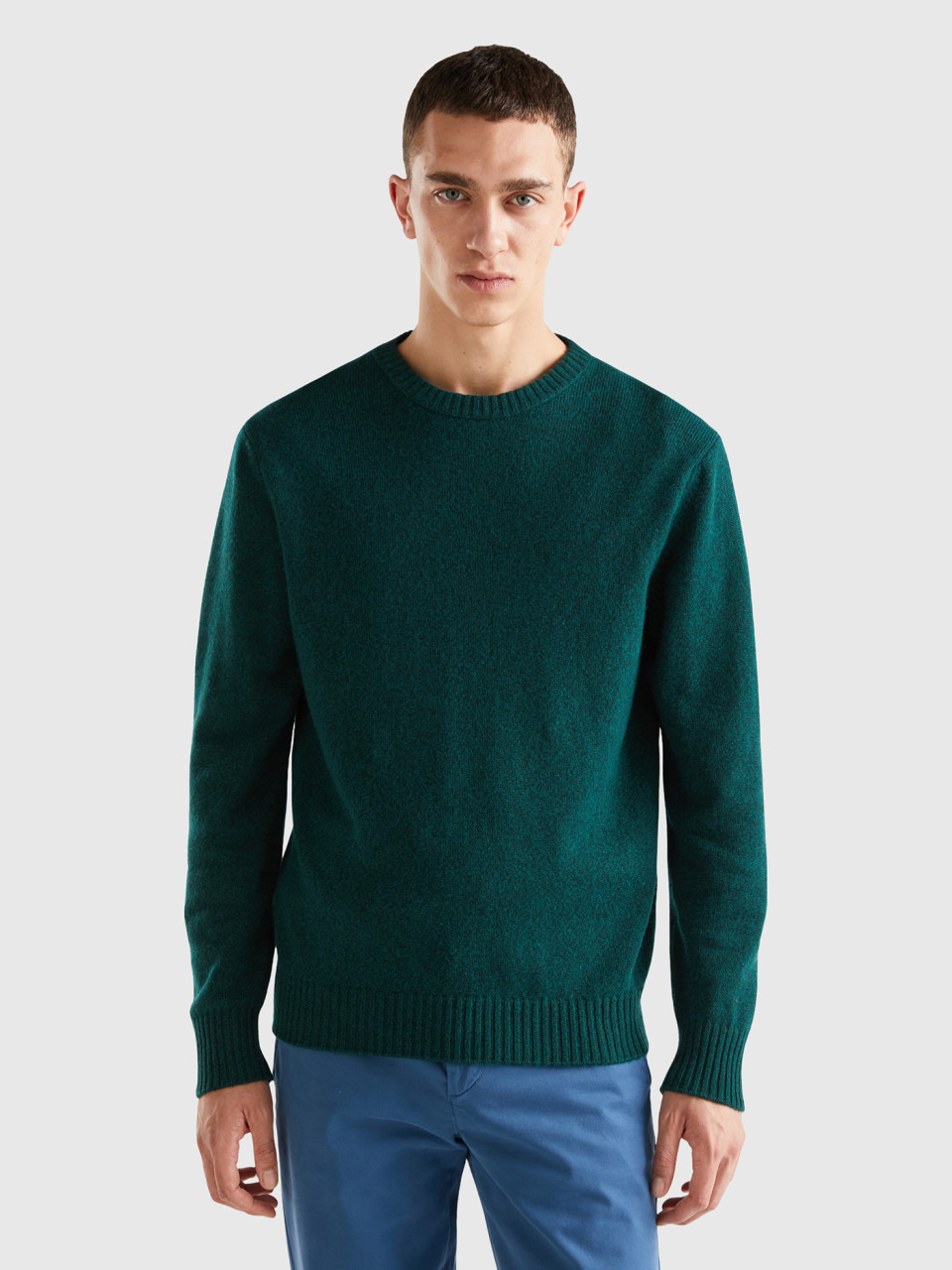 Benetton, Crew Neck Sweater In Cashmere And Wool Blend, Dark Green, Men