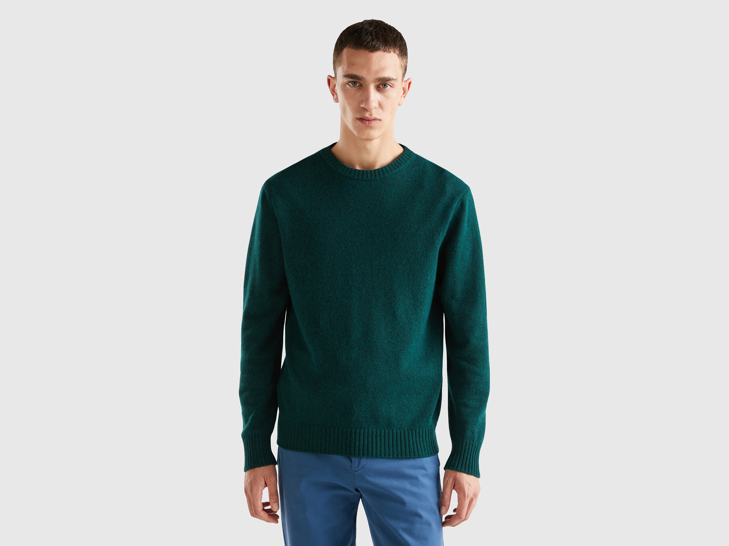Benetton, Crew Neck Sweater In Cashmere And Wool Blend, size XS, Dark Green, Men