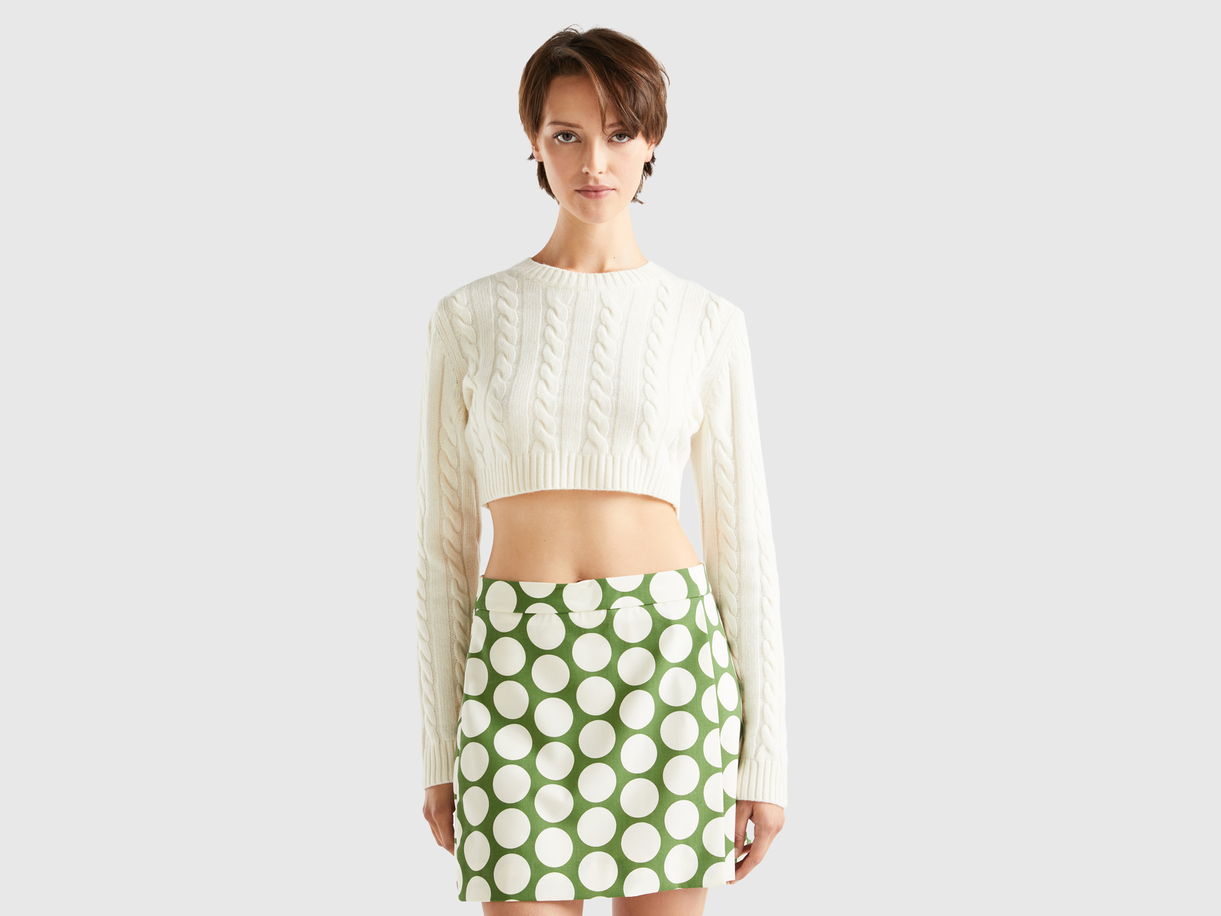 Benetton, Cropped Sweater With Cables, size M, White, Women