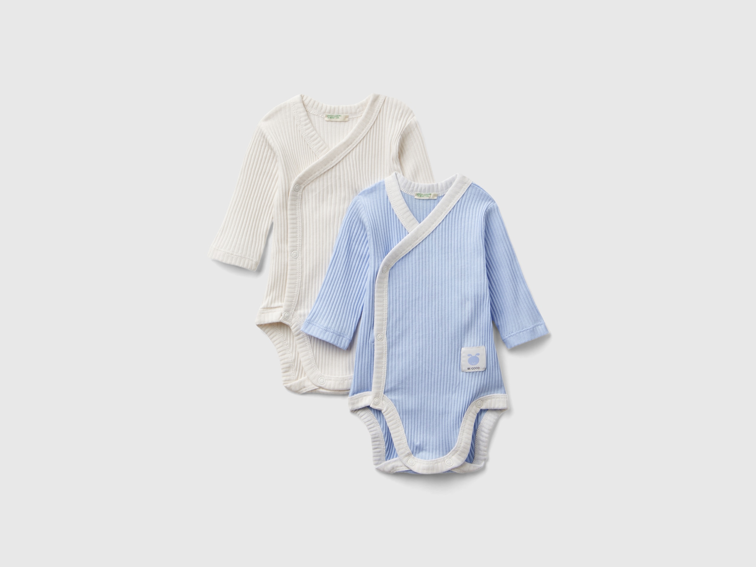 Image of Benetton, Two Long Sleeve Ribbed Knit Bodysuits, size 50, Light Blue, Kids