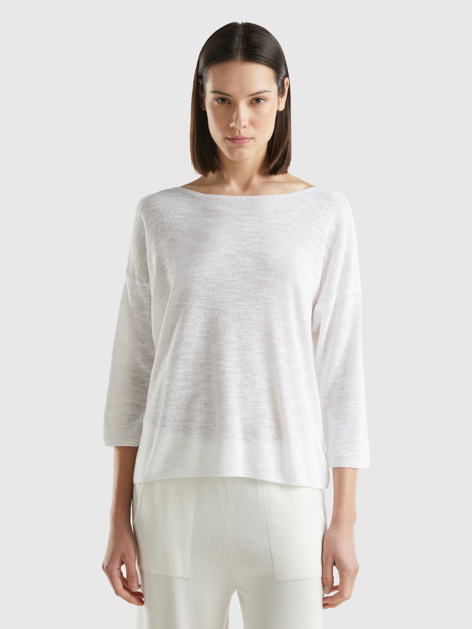 Benetton, Sweater In Linen Blend With 3/4 Sleeves, White, Women