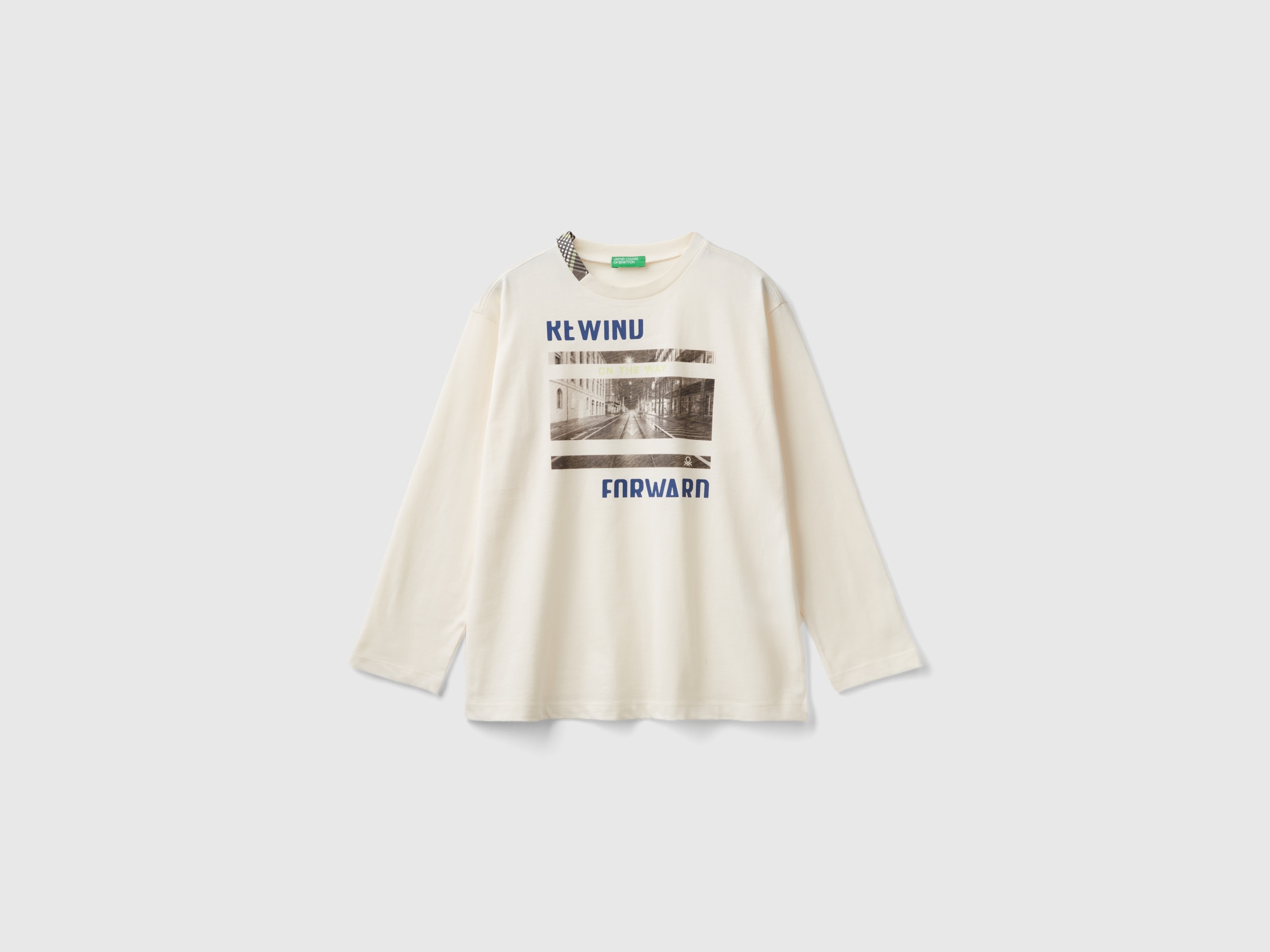 Benetton, T-shirt Con Stampa Fotografica In Cotone Bio, Bianco Panna, Bambini