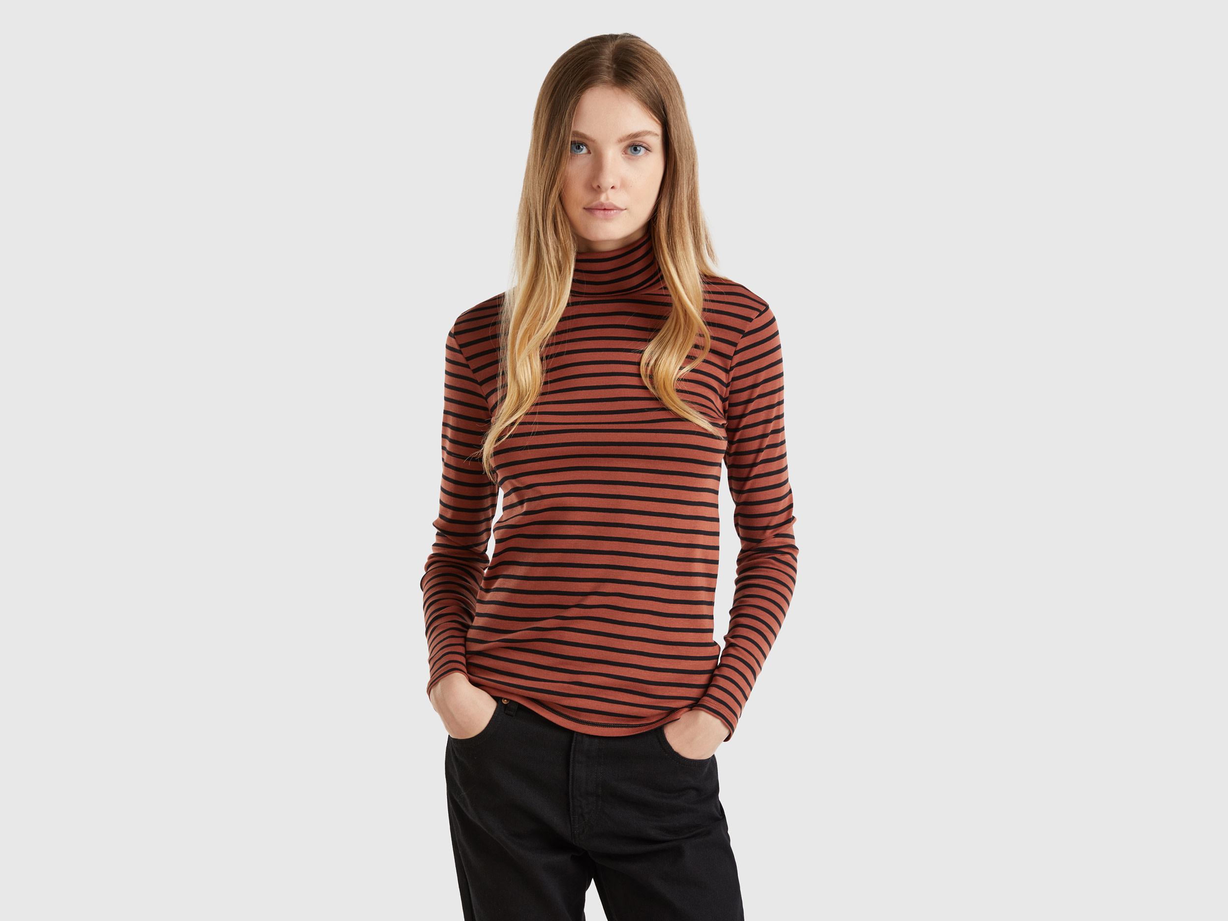 Benetton, T-shirt Lupetto A Righe, Marrone, Donna