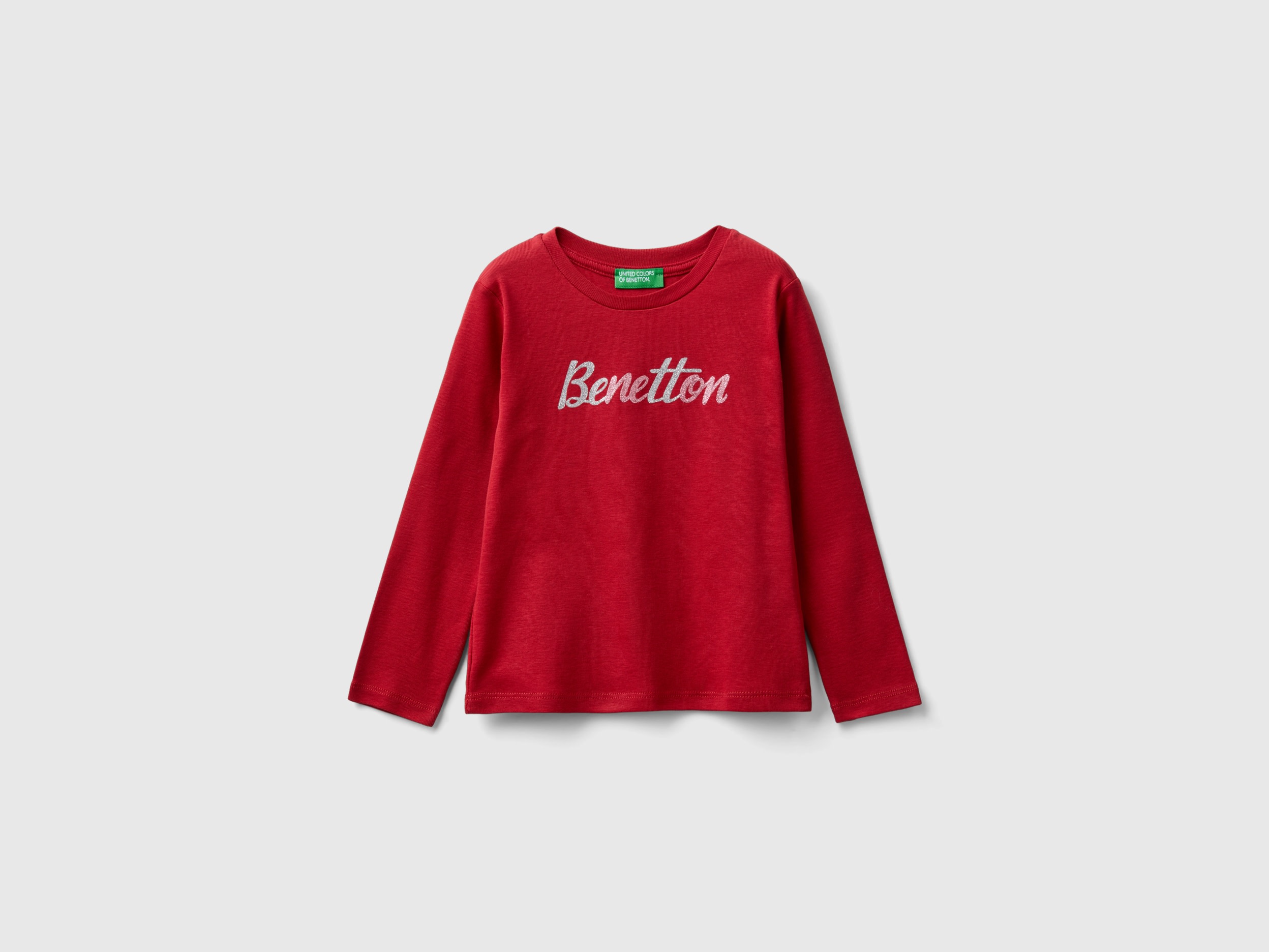 Benetton, T-shirt Con Stampa Glitter In Cotone Bio, Rosso, Bambini