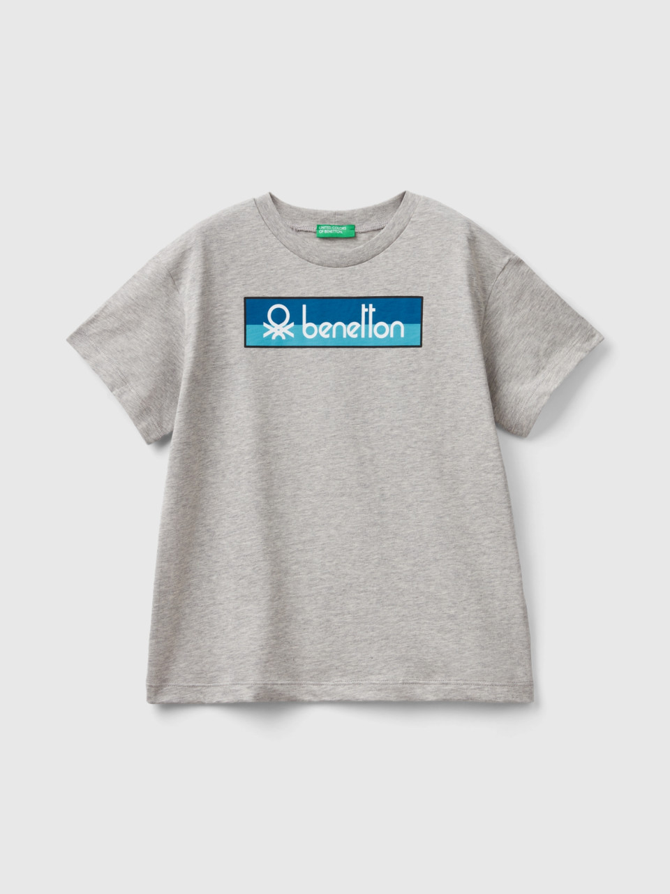 Benetton, T-shirt 100% Cotone Bio Con Logo, Grigio Chiaro, Bambini