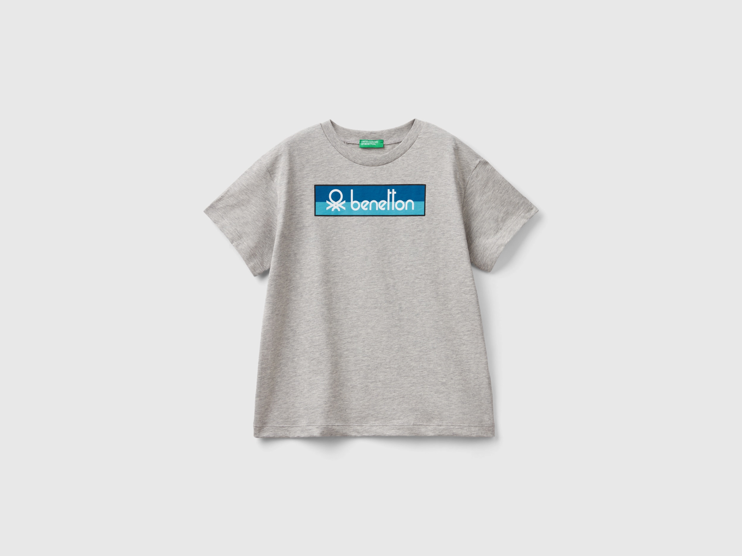 Image of Benetton, 100% Organic Cotton T-shirt With Logo, size XL, Light Gray, Kids