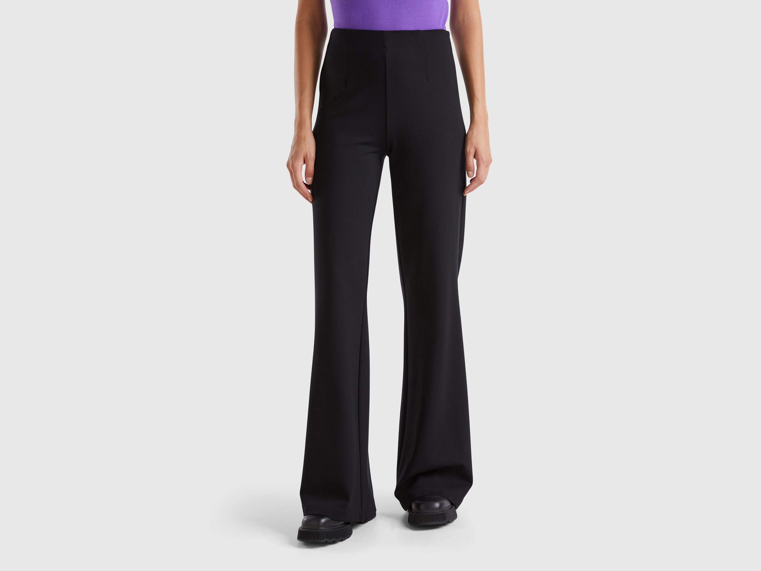 Benetton, Pantaloni In Misto Viscosa Stretch, Nero, Donna