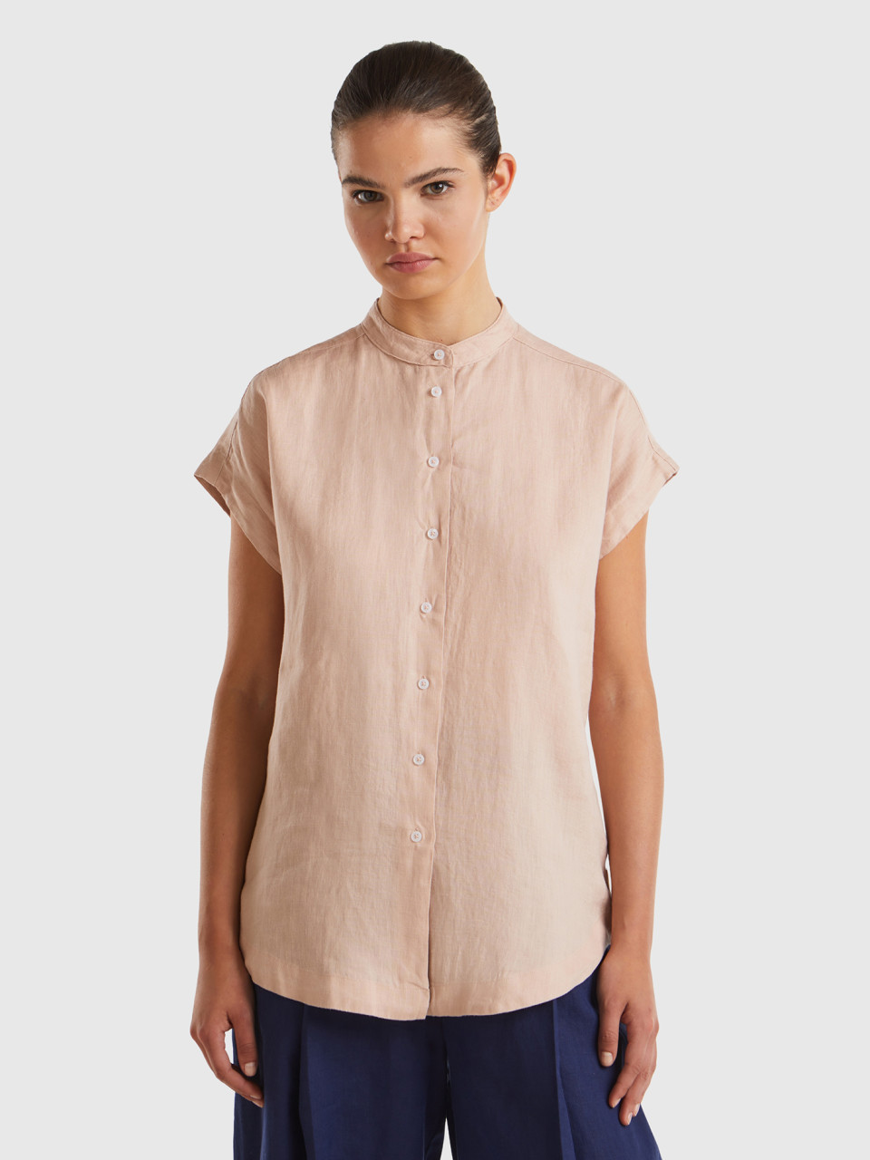Benetton, Mandarin Shirt In Pure Linen, Soft Pink, Women