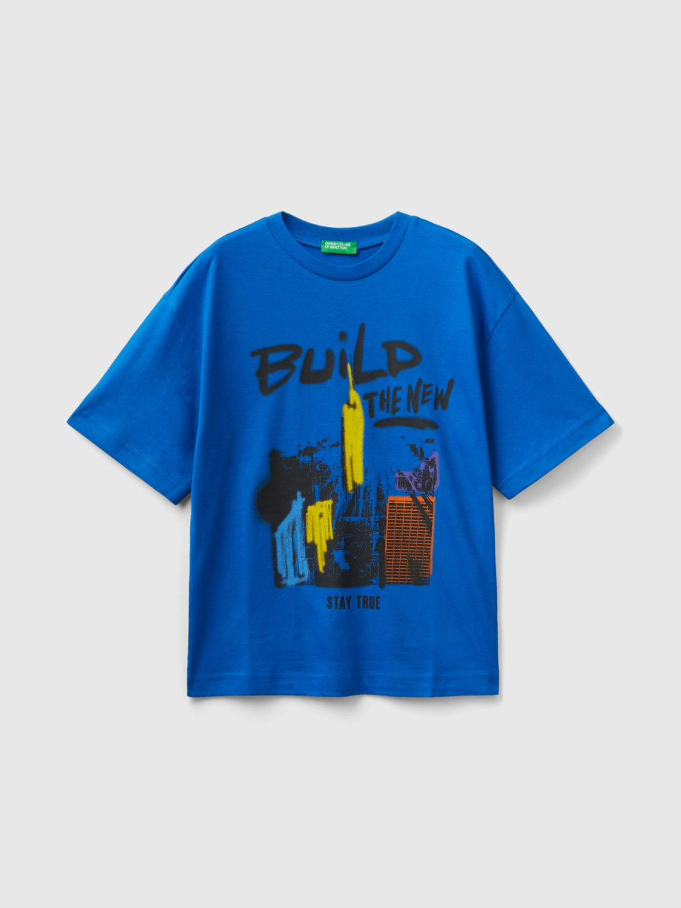 Benetton, T-shirt À Col Rond Avec Imprimé, Turquoise, Enfants
