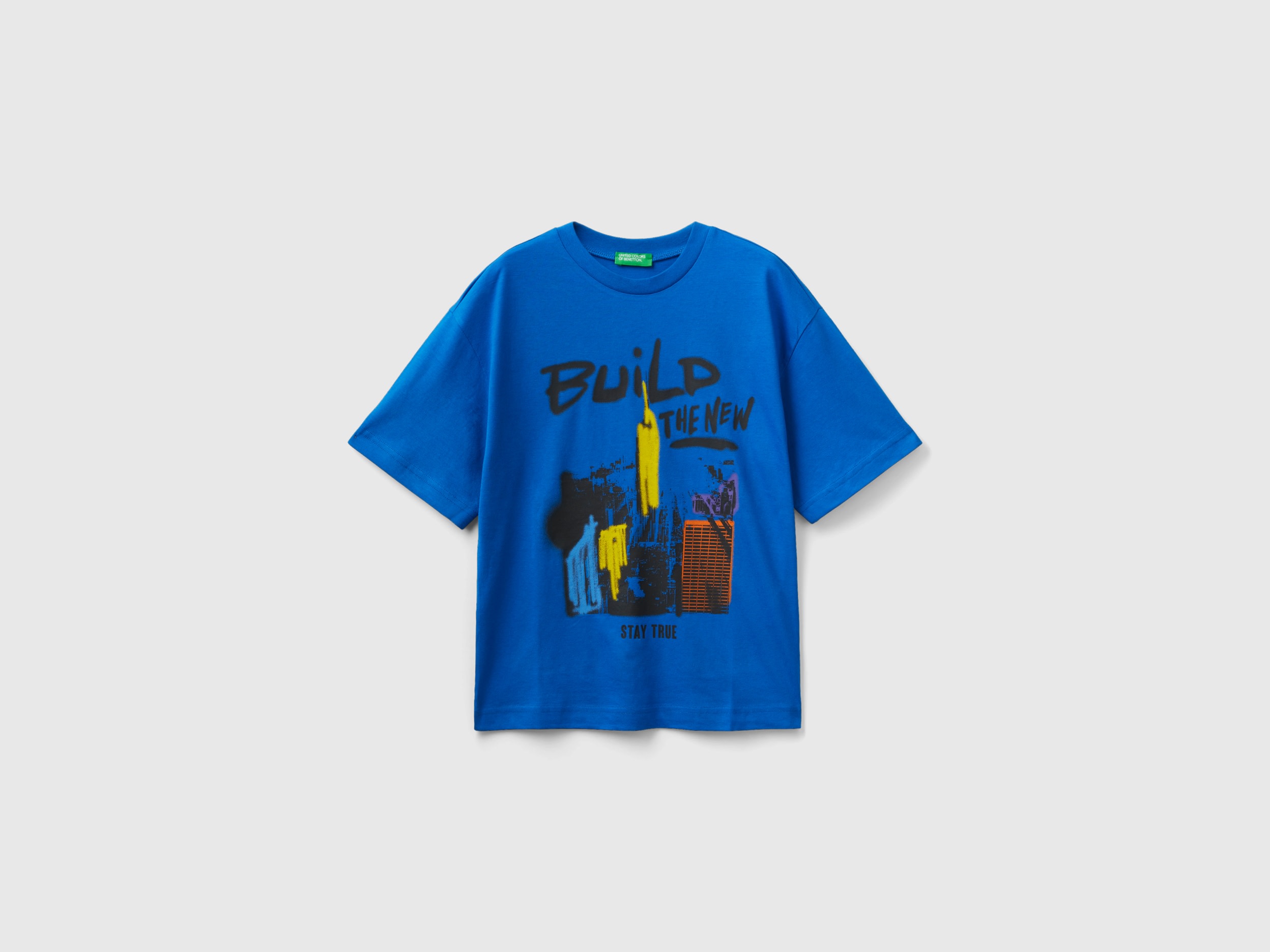 Benetton, Crew Neck T-shirt With Print, size 3XL, Bright Blue, Kids