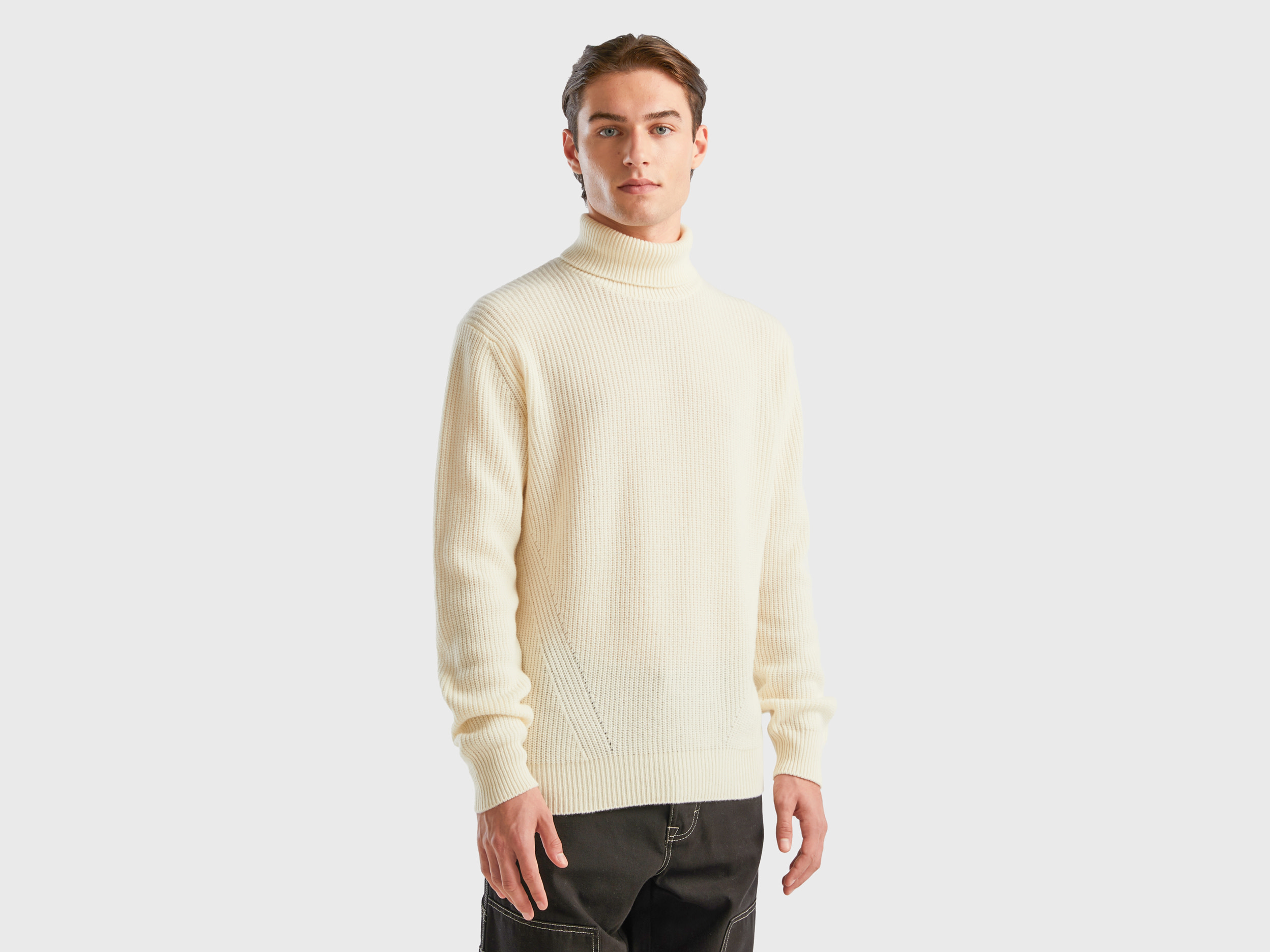 Benetton, Turtleneck In Wool Blend, size XL, Creamy White, Men