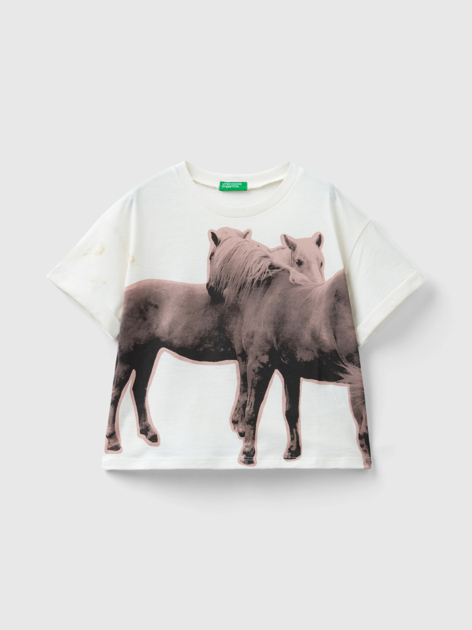Benetton, T-shirt Avec Impression Photo Chevaux, Crème, Enfants
