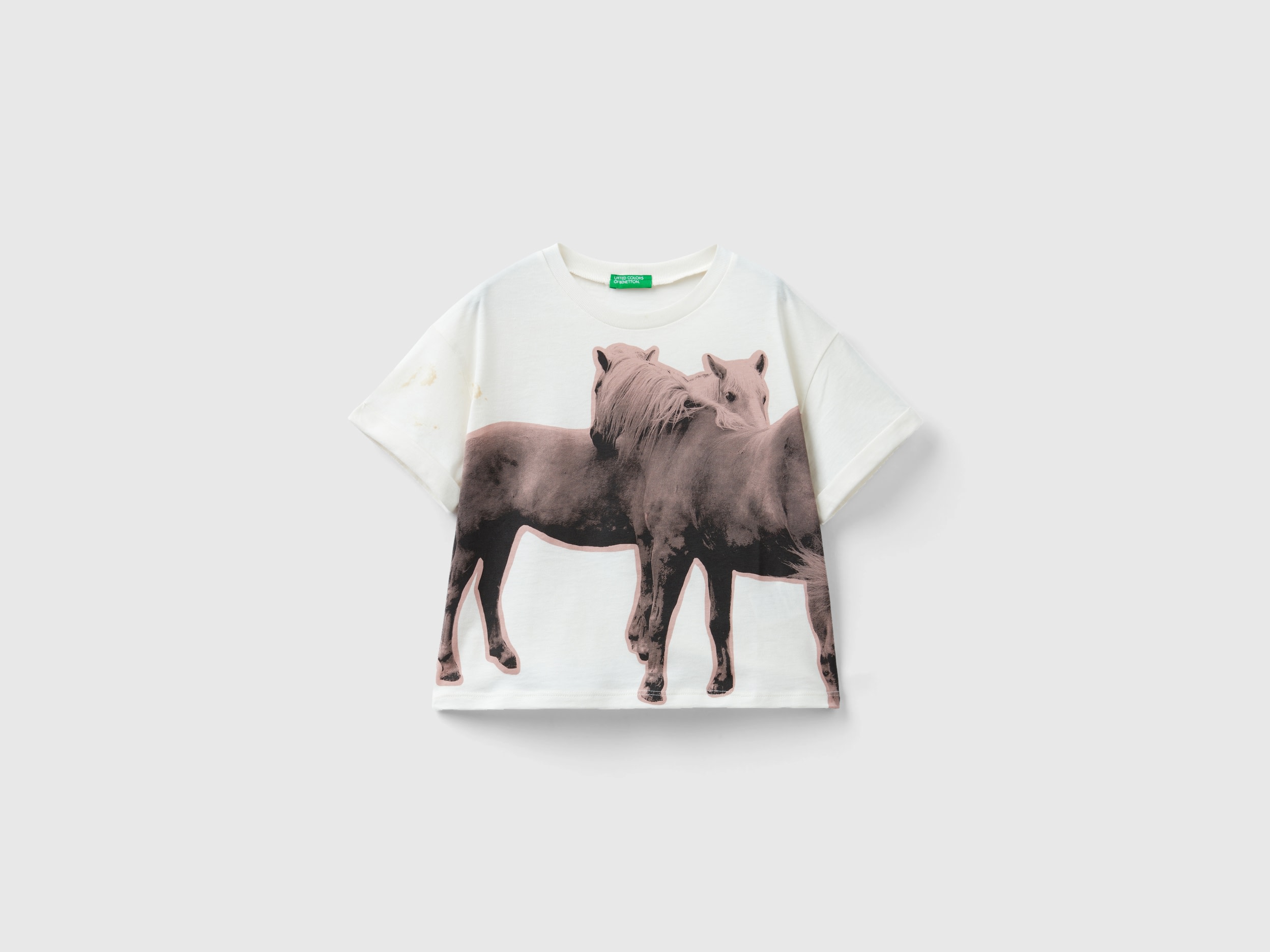 Image of Benetton, T-shirt With Photographic Horse Print, size 2XL, Creamy White, Kids