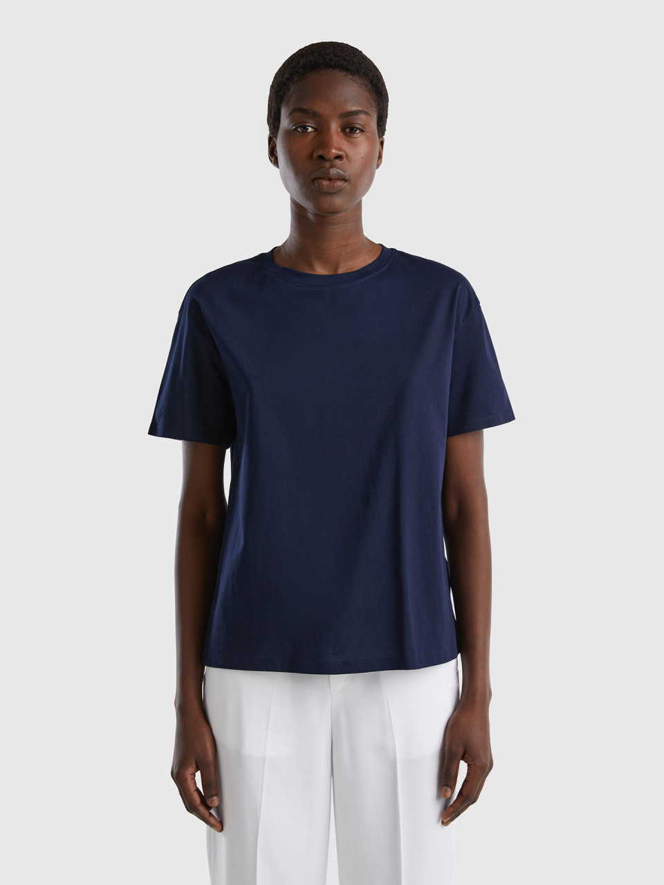 Benetton, T-shirt 100 % Coton À Manches Courtes, Bleu Foncé, Femme