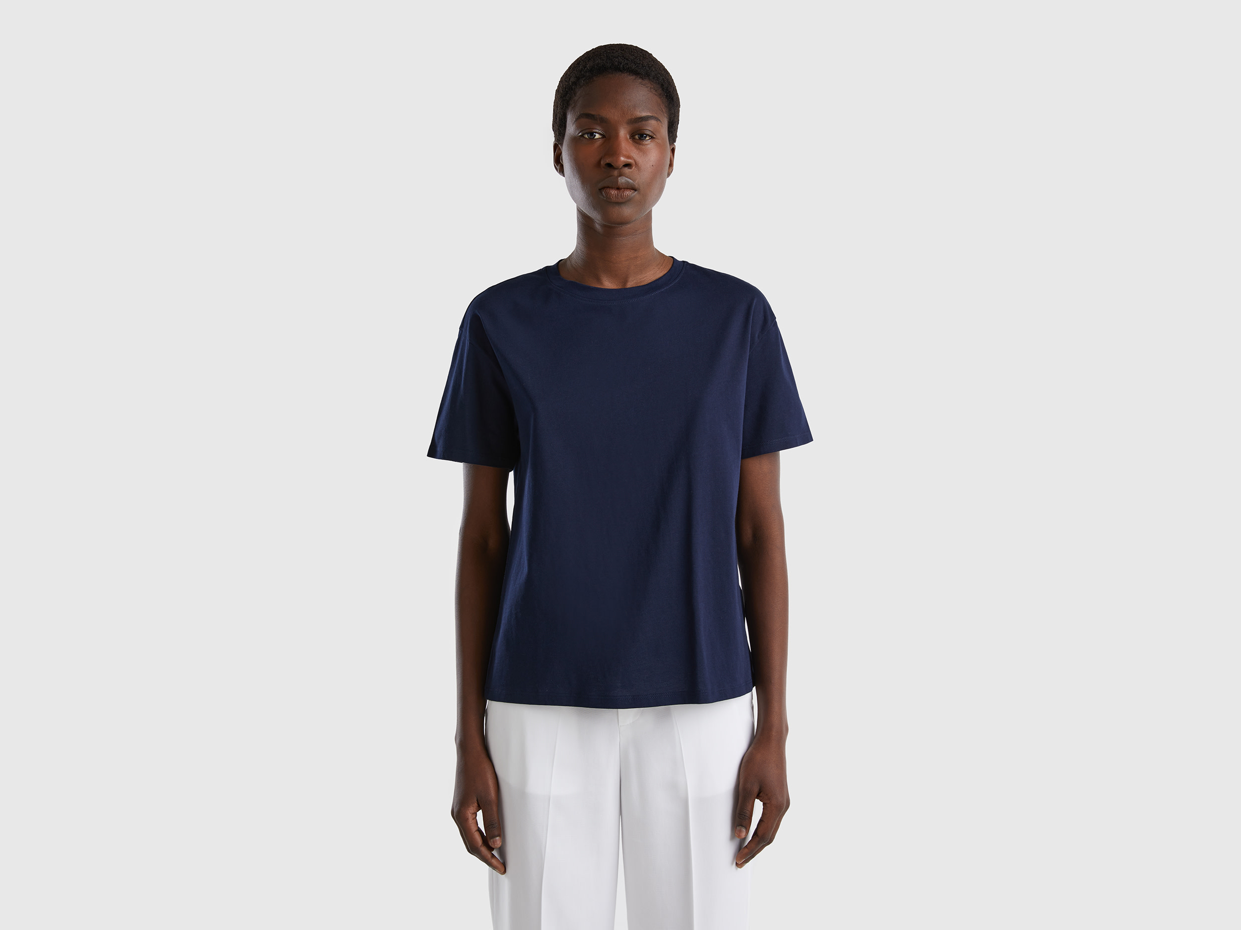 Benetton, Short Sleeve 100% Cotton T-shirt, size L, Dark Blue, Women