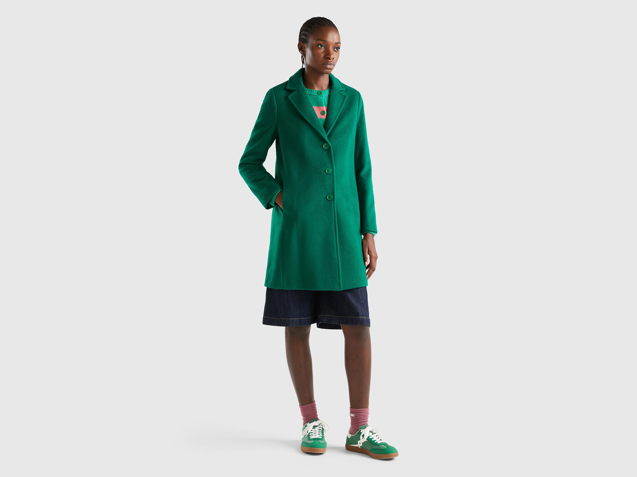Benetton, Short Coat In Wool Blend Cloth, size 16, Green, Women