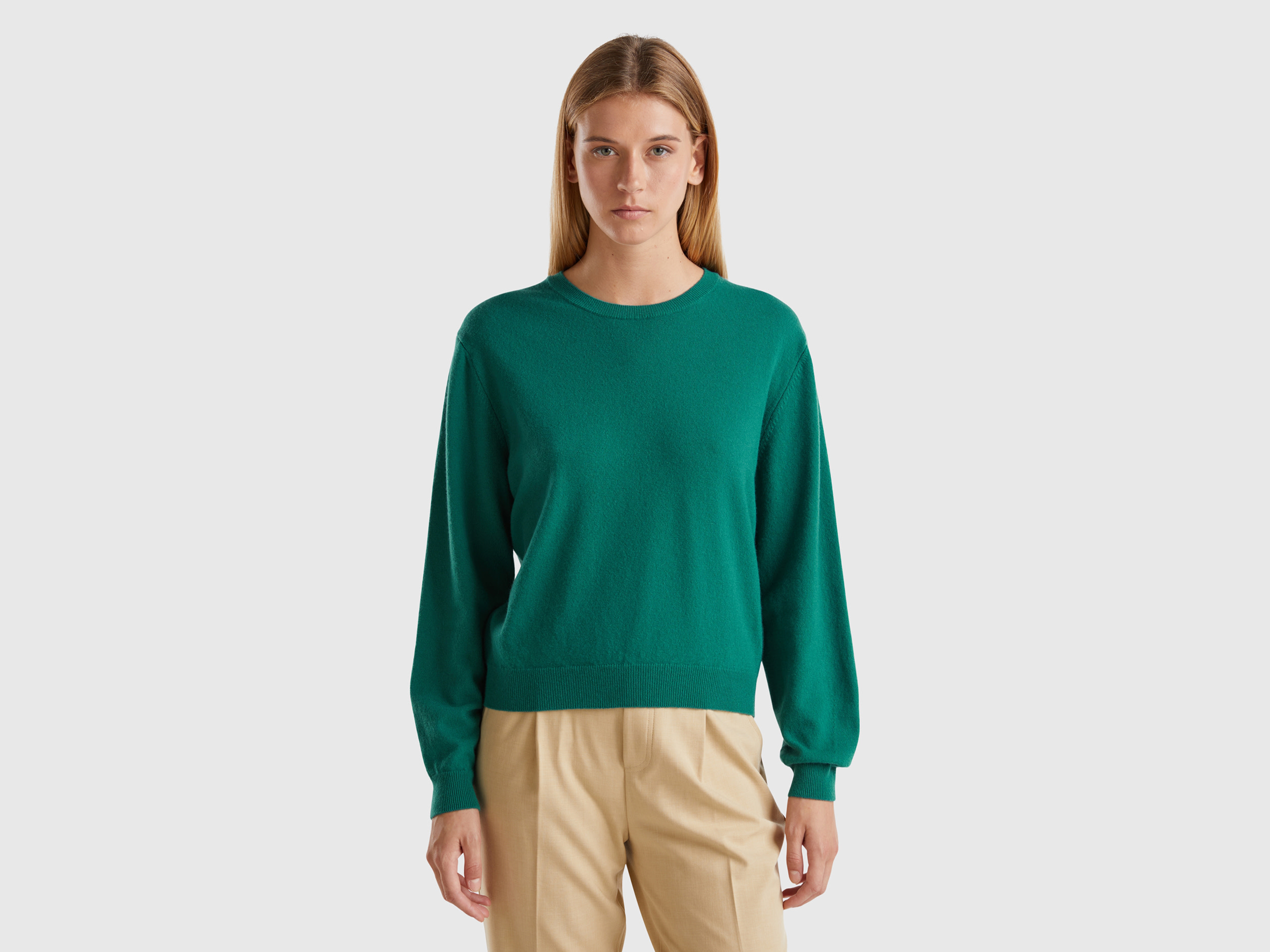 Benetton, Maglia Relaxed Fit In Pura Lana Merino, Verde Scuro, Donna