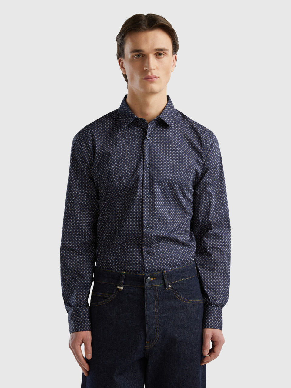 Benetton, Slim Fit Micro-patterned Shirt, Dark Blue, Men
