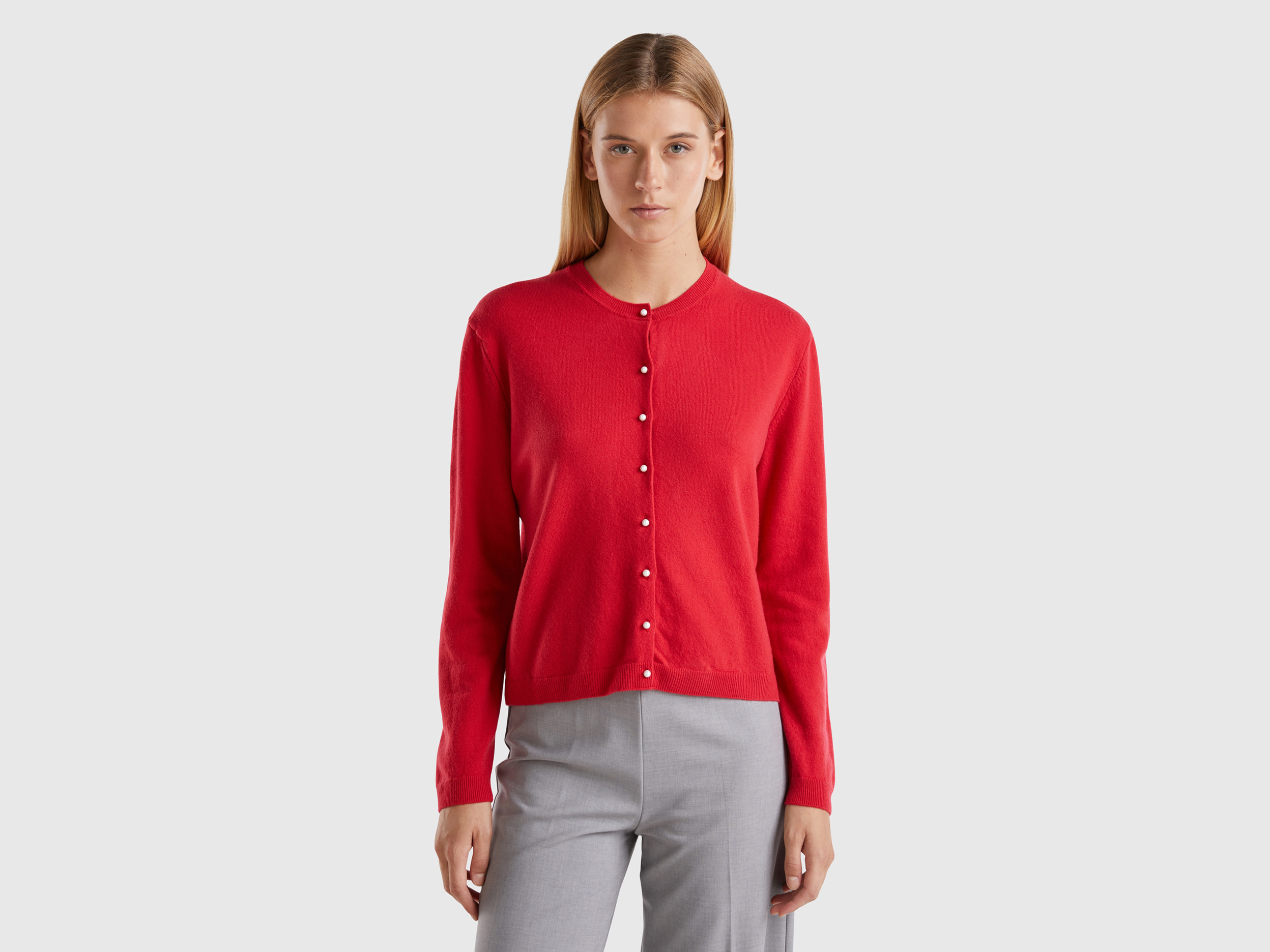 Benetton, Cardigan Prugna In Pura Lana Merino, Prugna, Donna