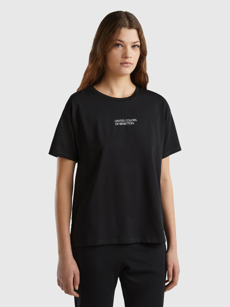 Benetton, Kurzarm-t-shirt Mit Logo, Schwarz, female