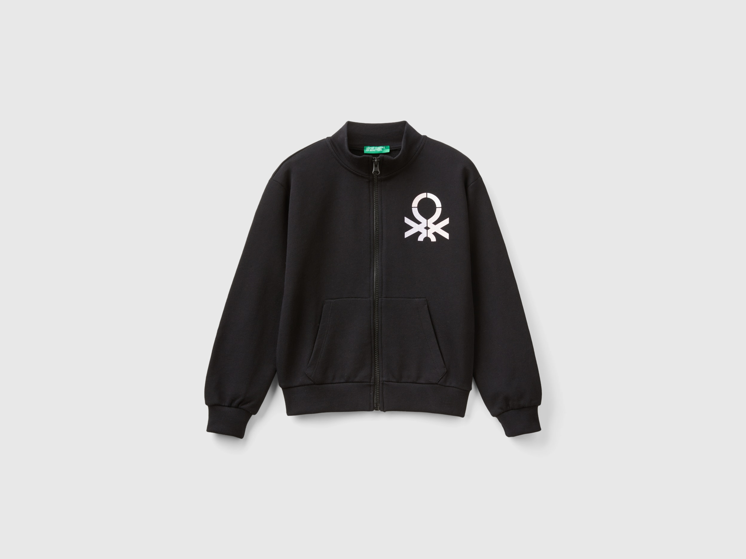 Benetton, Felpa Con Zip E Colletto, Nero, Bambini