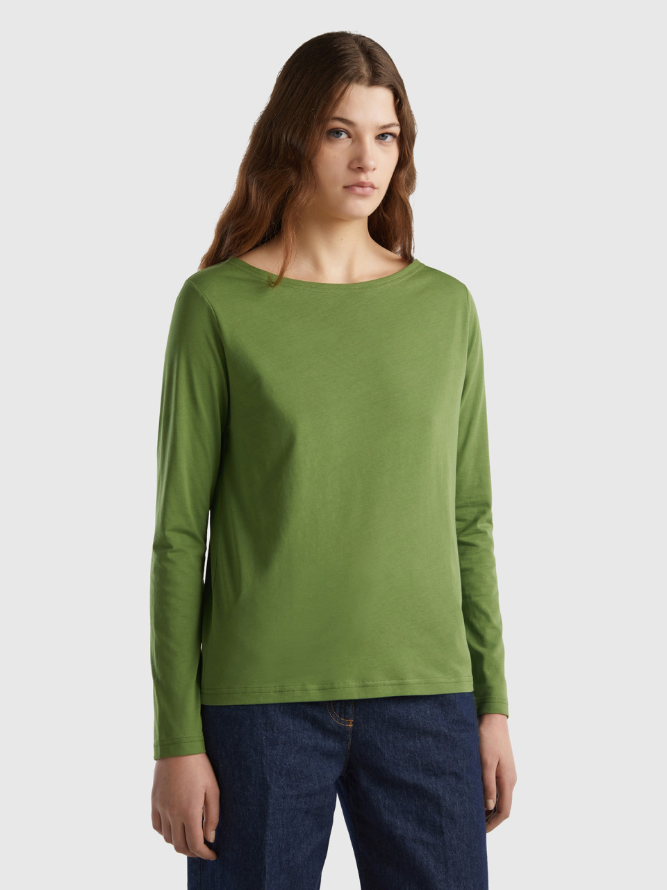 Benetton, T-shirt With Boat Neck In 100% Cotton, Military Green, Women