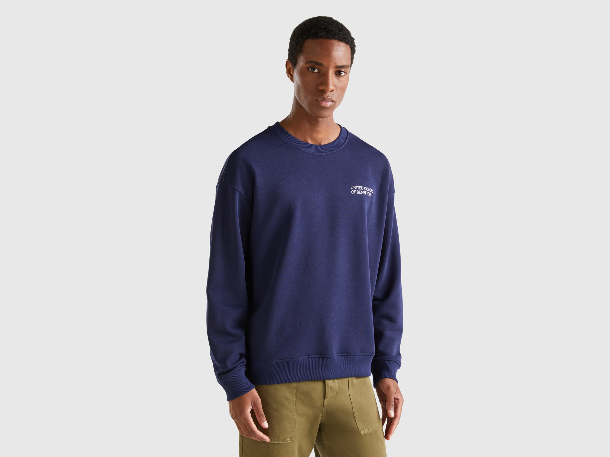 Benetton, Crew Neck Sweatshirt With Logo Print, size M, Blue, Men