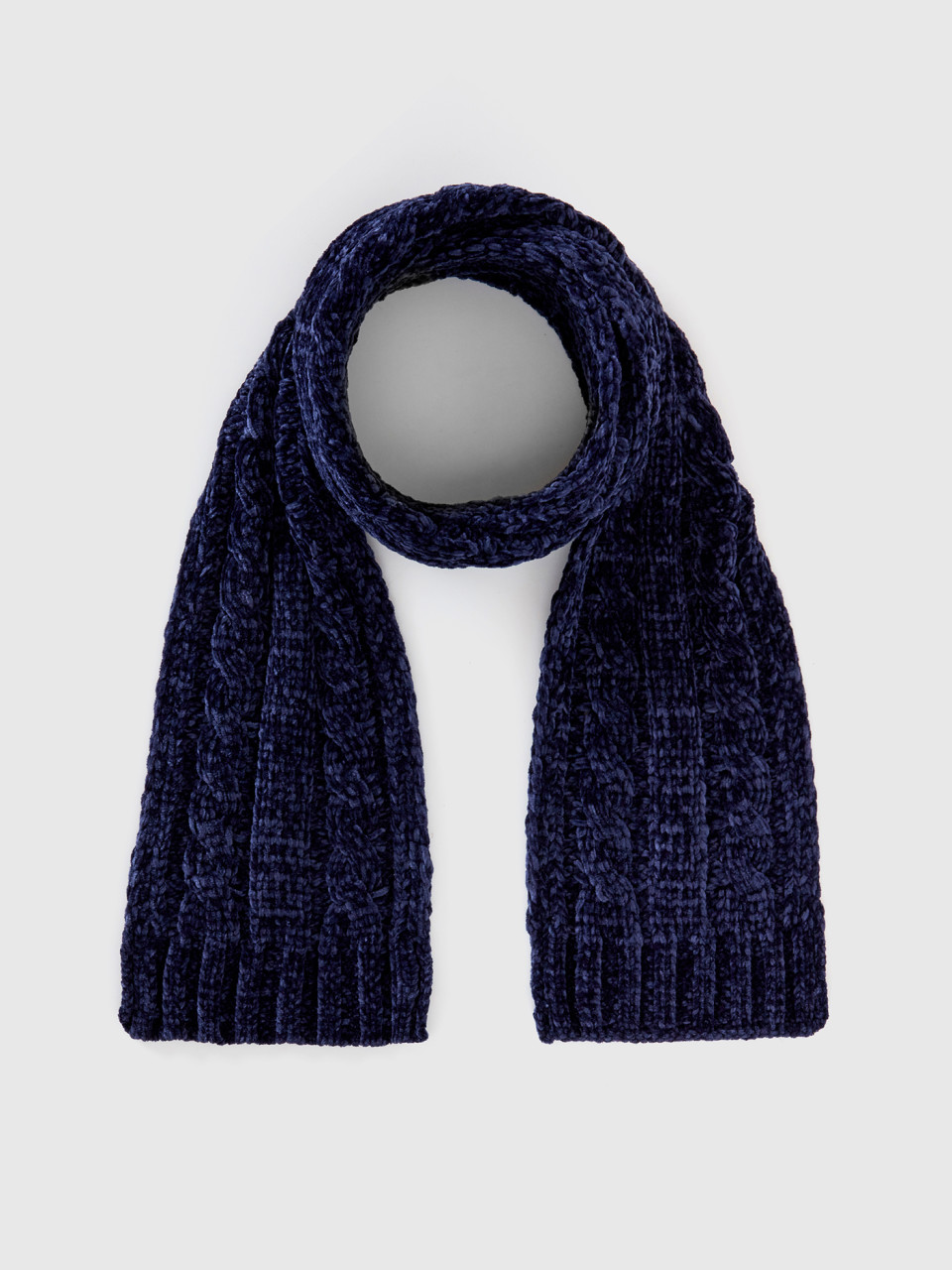 Benetton, Chenille Scarf With Cable Knit, Dark Blue, Kids