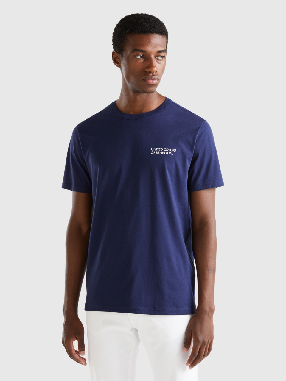 Benetton, Dark Blue T-shirt In Organic Cotton With Logo Print, Dark Blue, Men