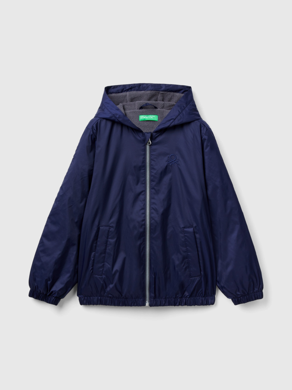 Benetton, Nylon Jacket With Zip And Hood, Dark Blue, Kids