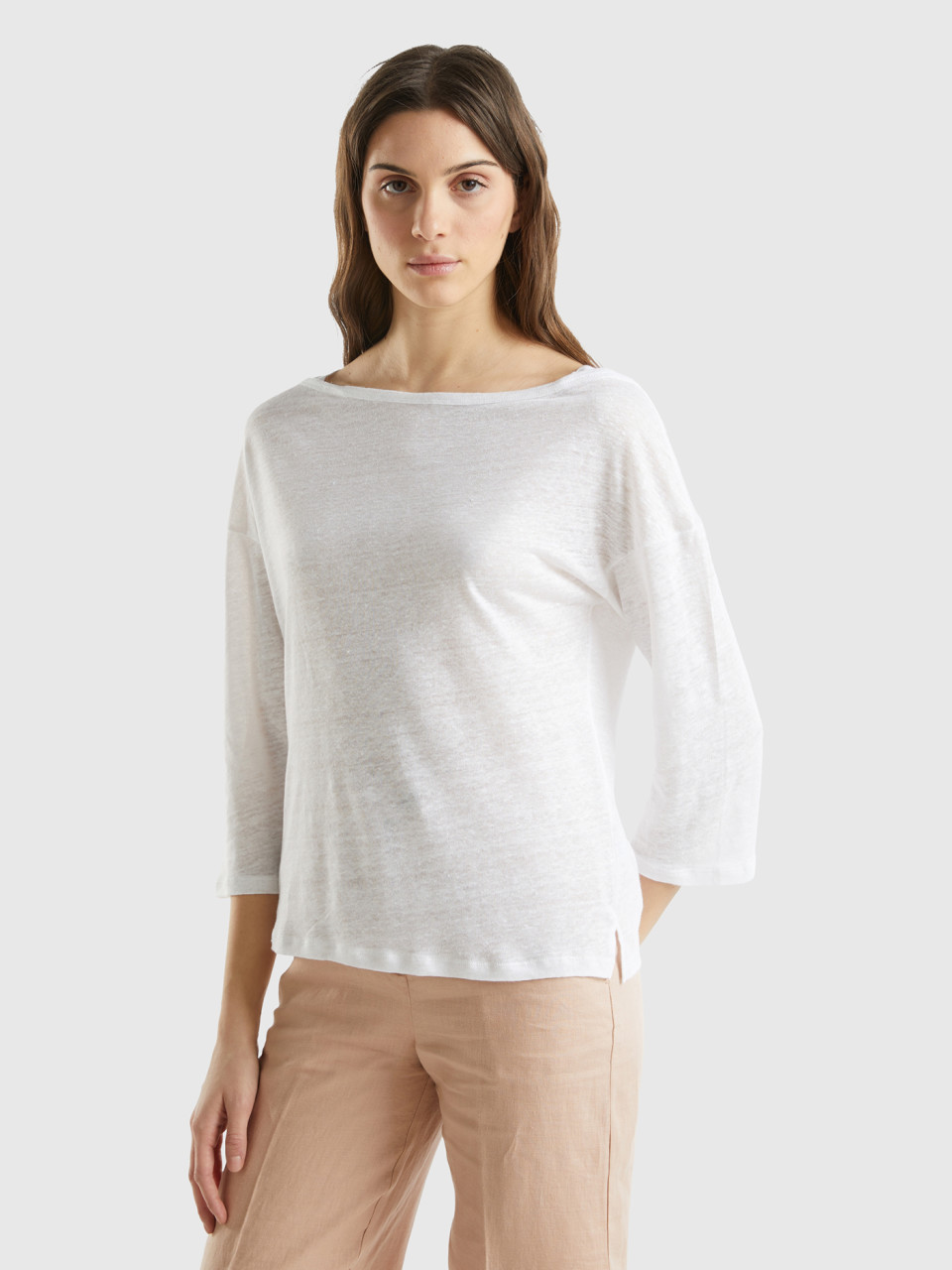 Benetton, 3/4 Sleeve T-shirt In Pure Linen, White, Women