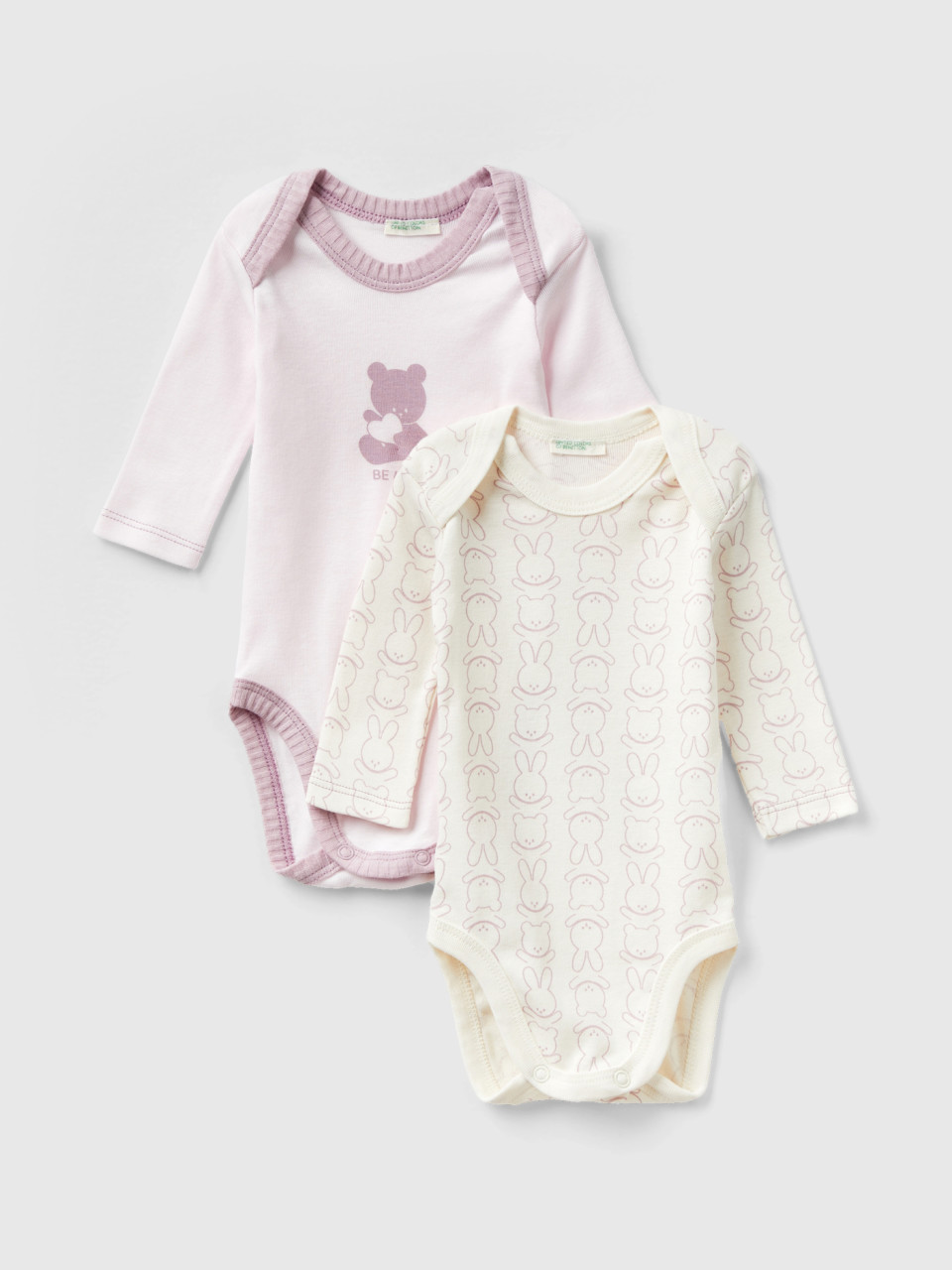 Benetton, Two Long Sleeve Bodysuits In Organic Cotton, Soft Pink, Kids
