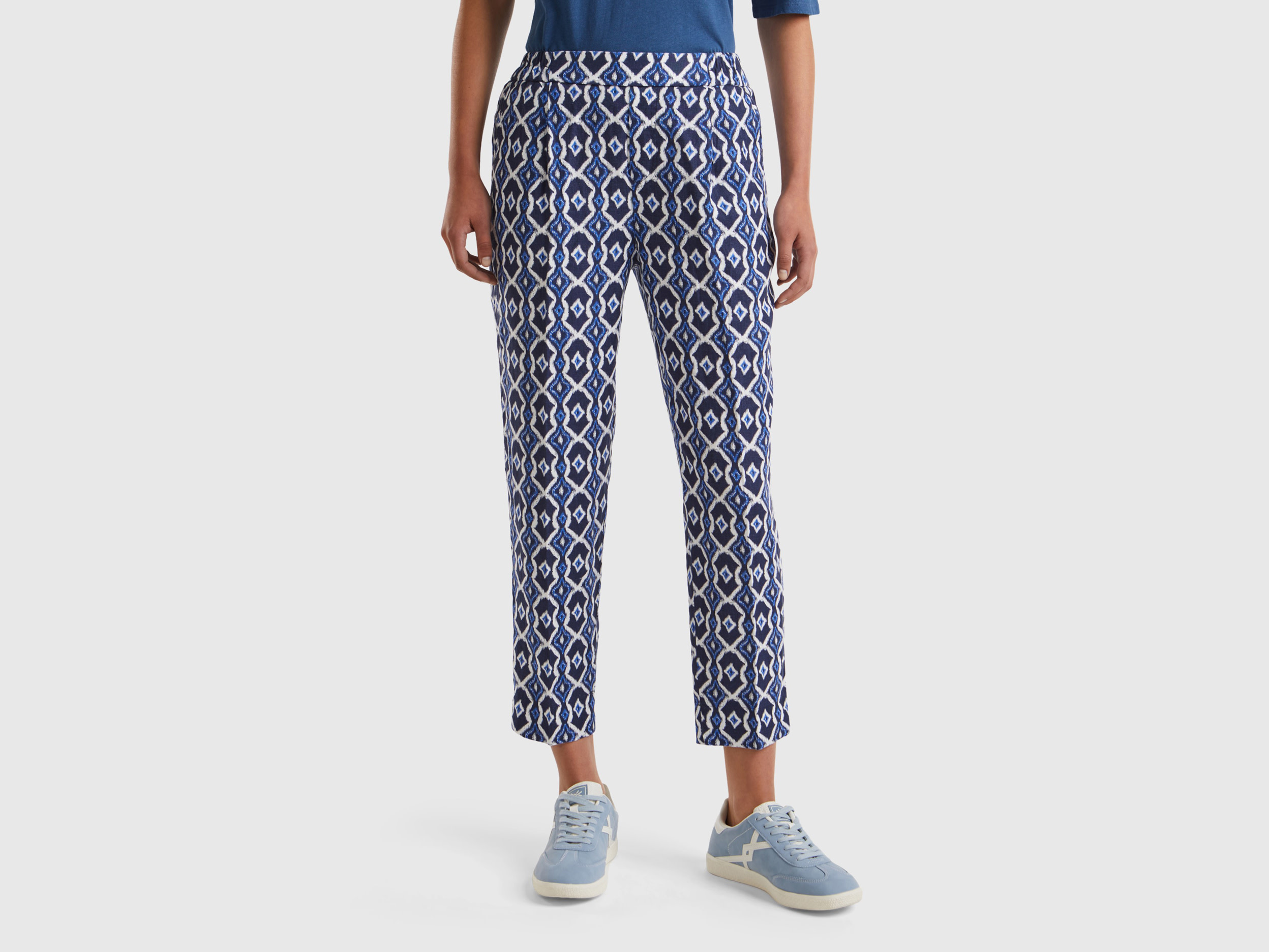 Benetton, Pantaloni In Lino Stampato, Blu Scuro, Donna