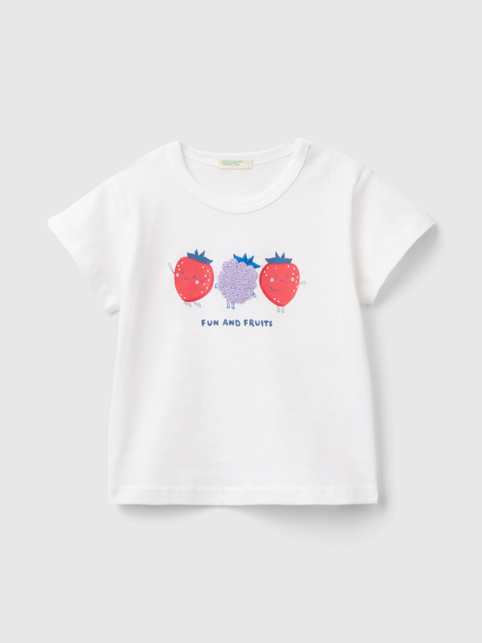 Benetton, T-shirt With Print And Embroidery, White, Kids
