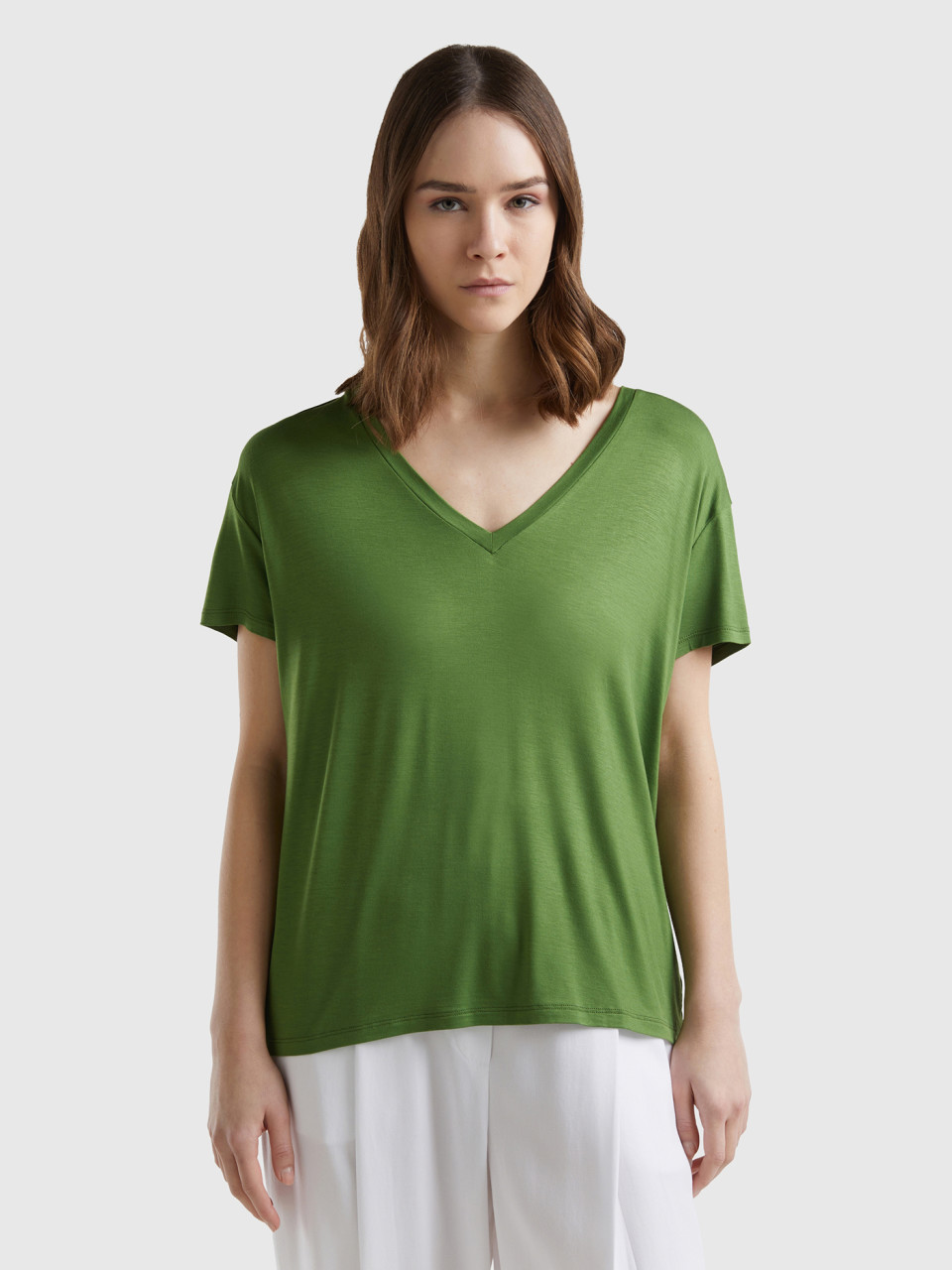 Benetton, Camiseta De Viscosa Sostenible Elástica, Militar, Mujer