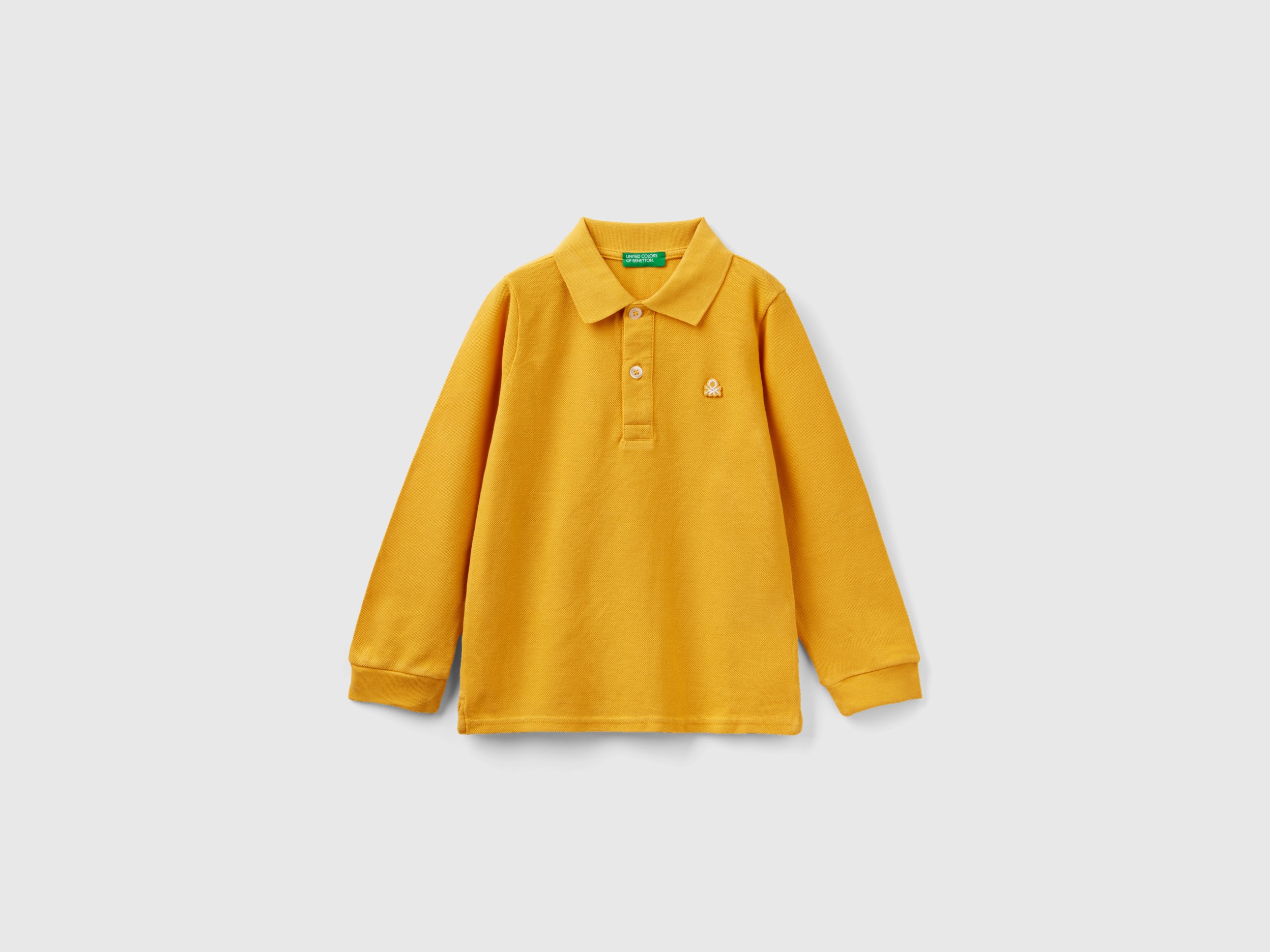 Benetton, Long Sleeve Polo In Organic Cotton, size 3-4, Yellow, Kids