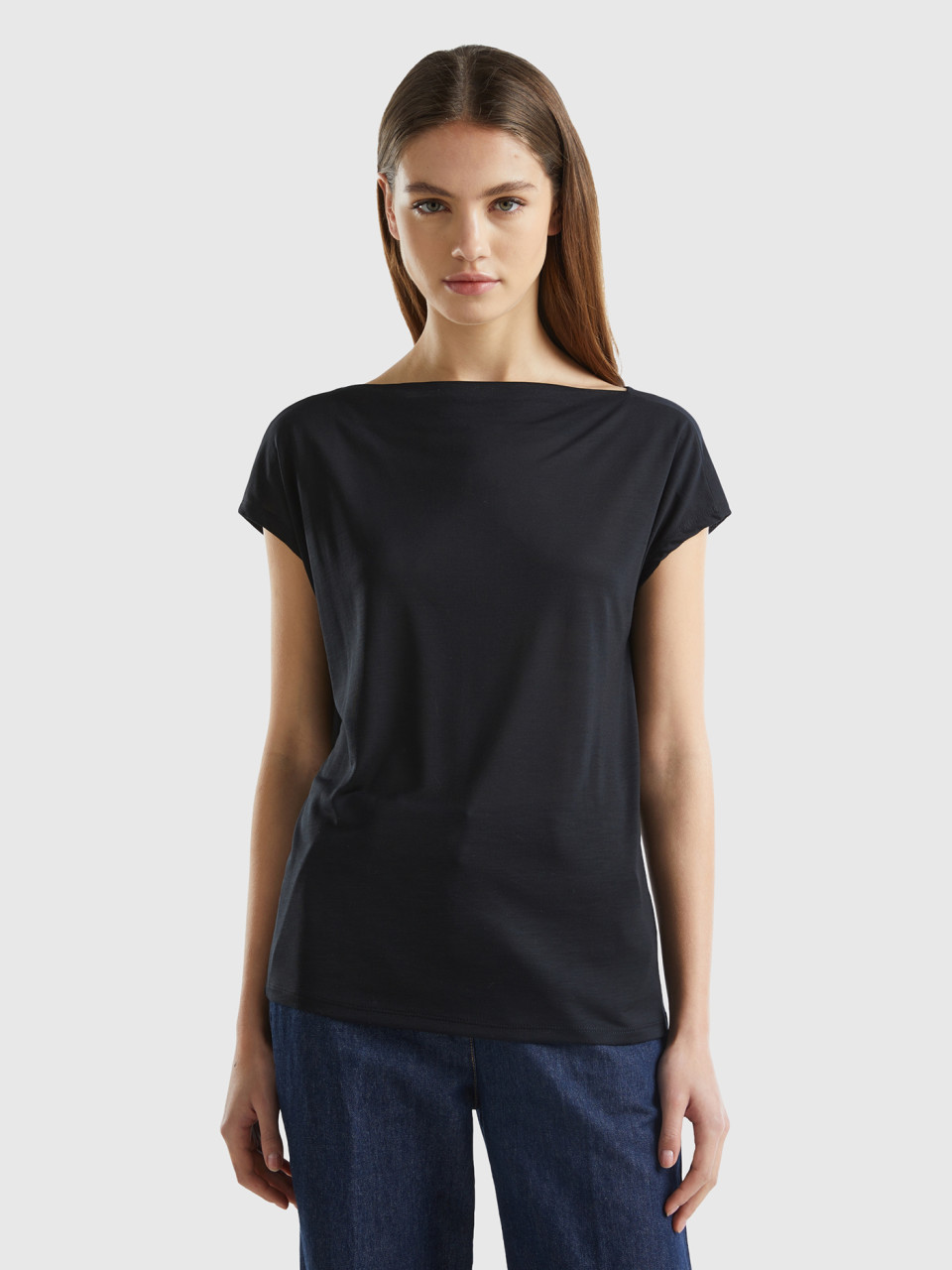 Benetton, Kurzärmeliges T-shirt Aus Nachhaltiger Viskose, Schwarz, female