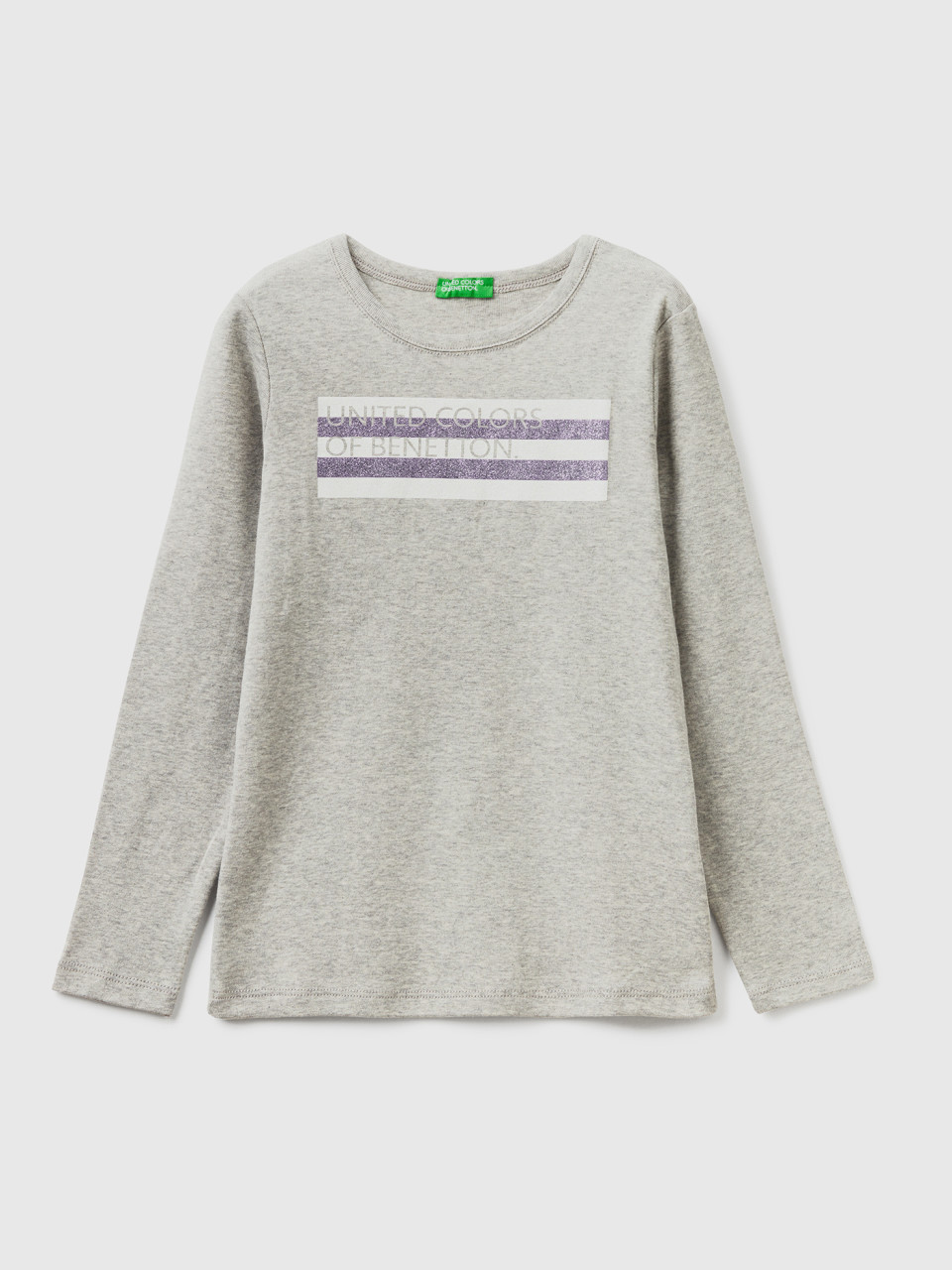 Benetton, Long Sleeve T-shirt With Glitter Print, Light Gray, Kids