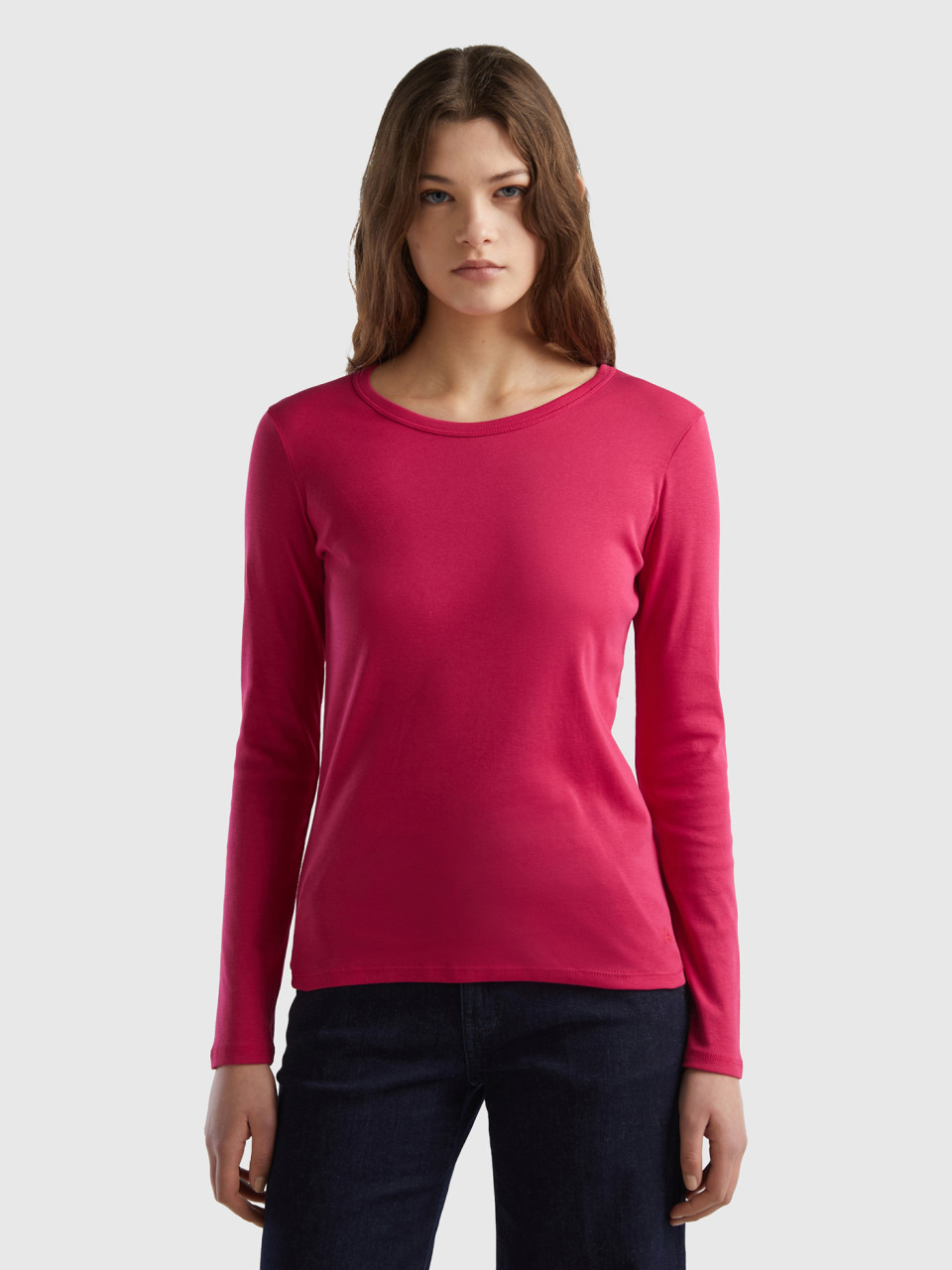 Benetton, Long Sleeve Pure Cotton T-shirt, Cyclamen, Women