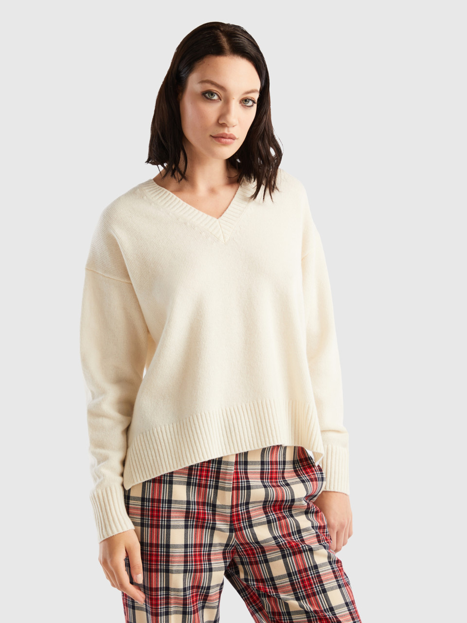 Benetton, Oversized Fit Sweater With Slits, Creamy White, Women