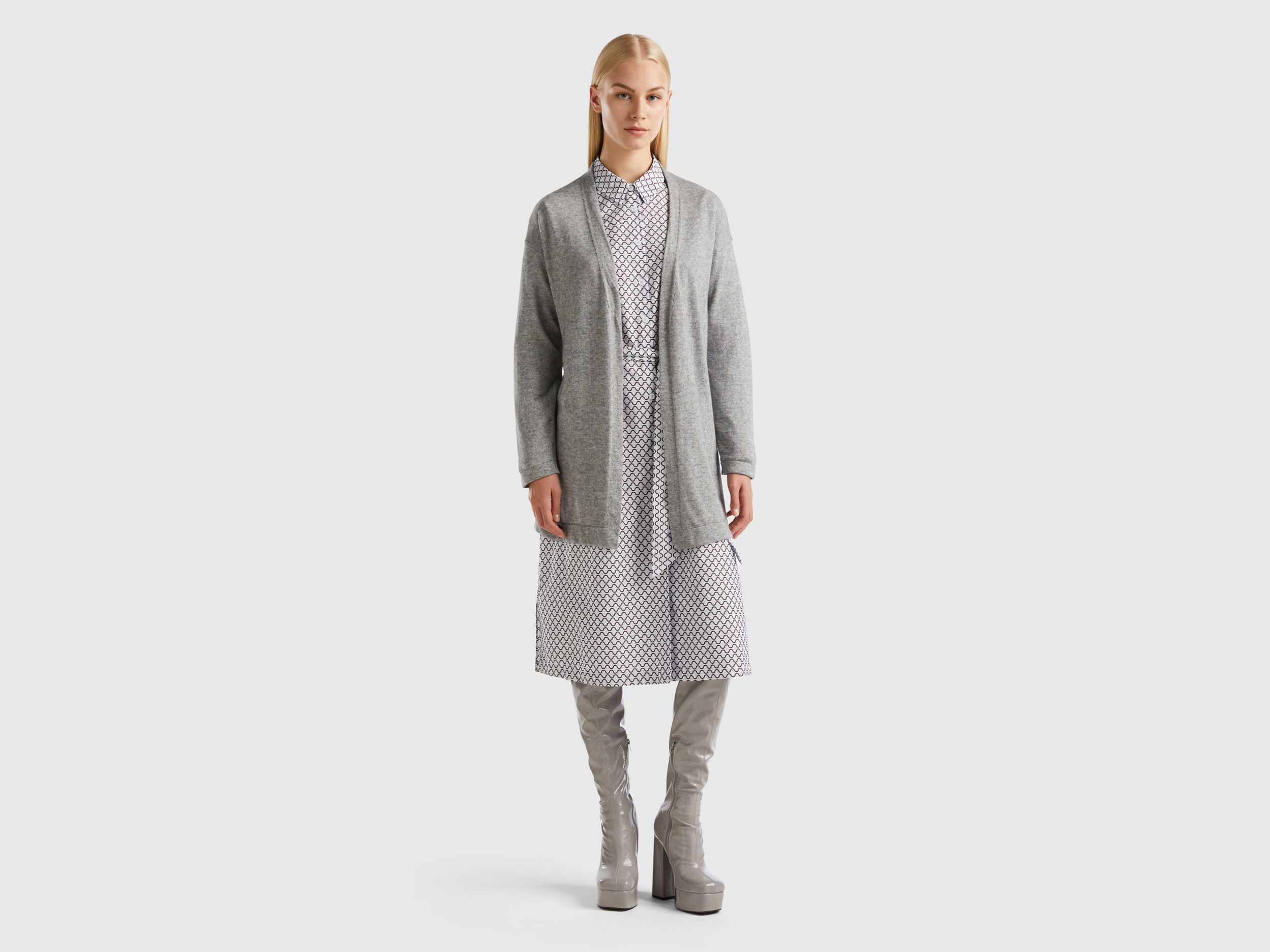 Benetton, Light Gray Open Cardigan In Cashmere And Wool Blend, size XS, Light Gray, Women