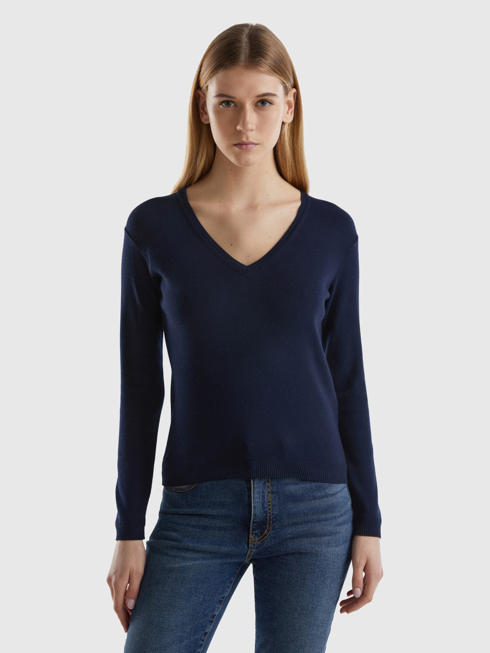 Benetton Online exclusive, V-neck Sweater In Pure Cotton, Dark Blue, Women