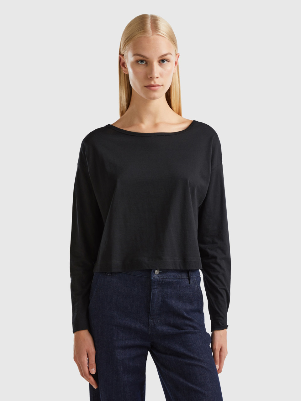 Benetton, Black Long Fiber Cotton T-shirt, Black, Women