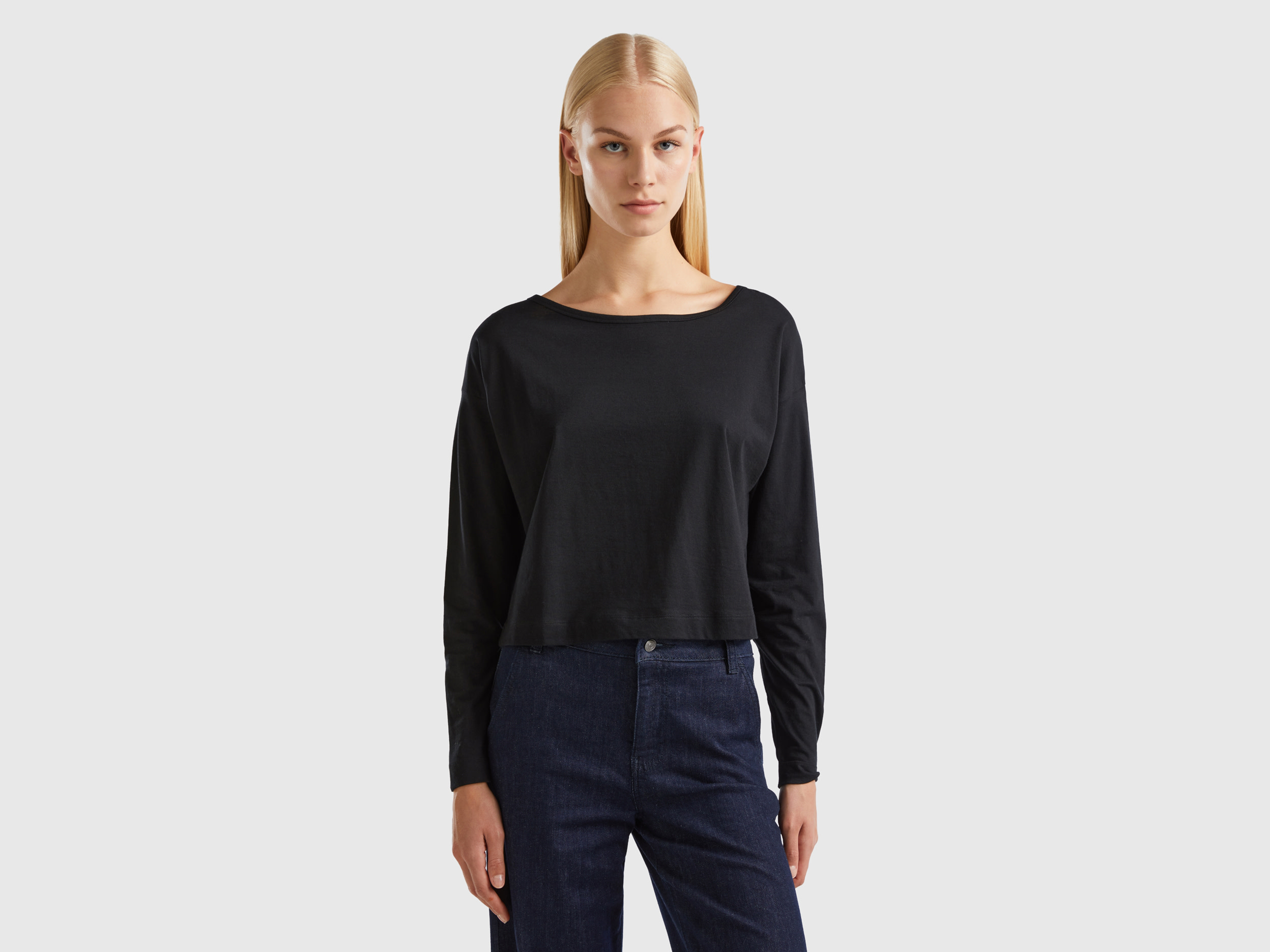 Benetton, Black Long Fiber Cotton T-shirt, size XXS, Black, Women