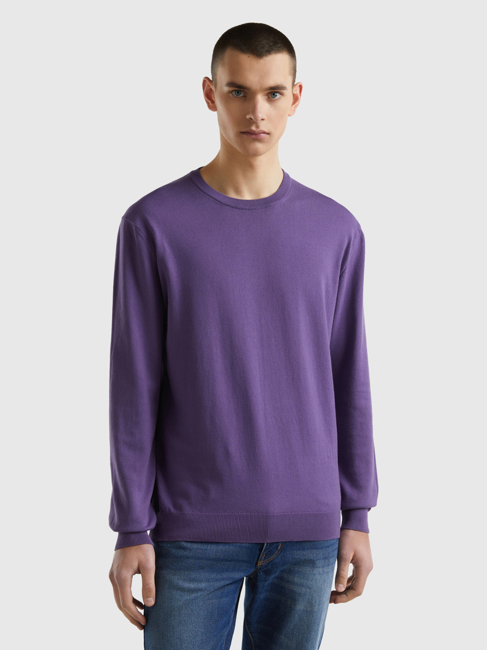 Benetton, Crew Neck Sweater In 100% Cotton, Violet, Men