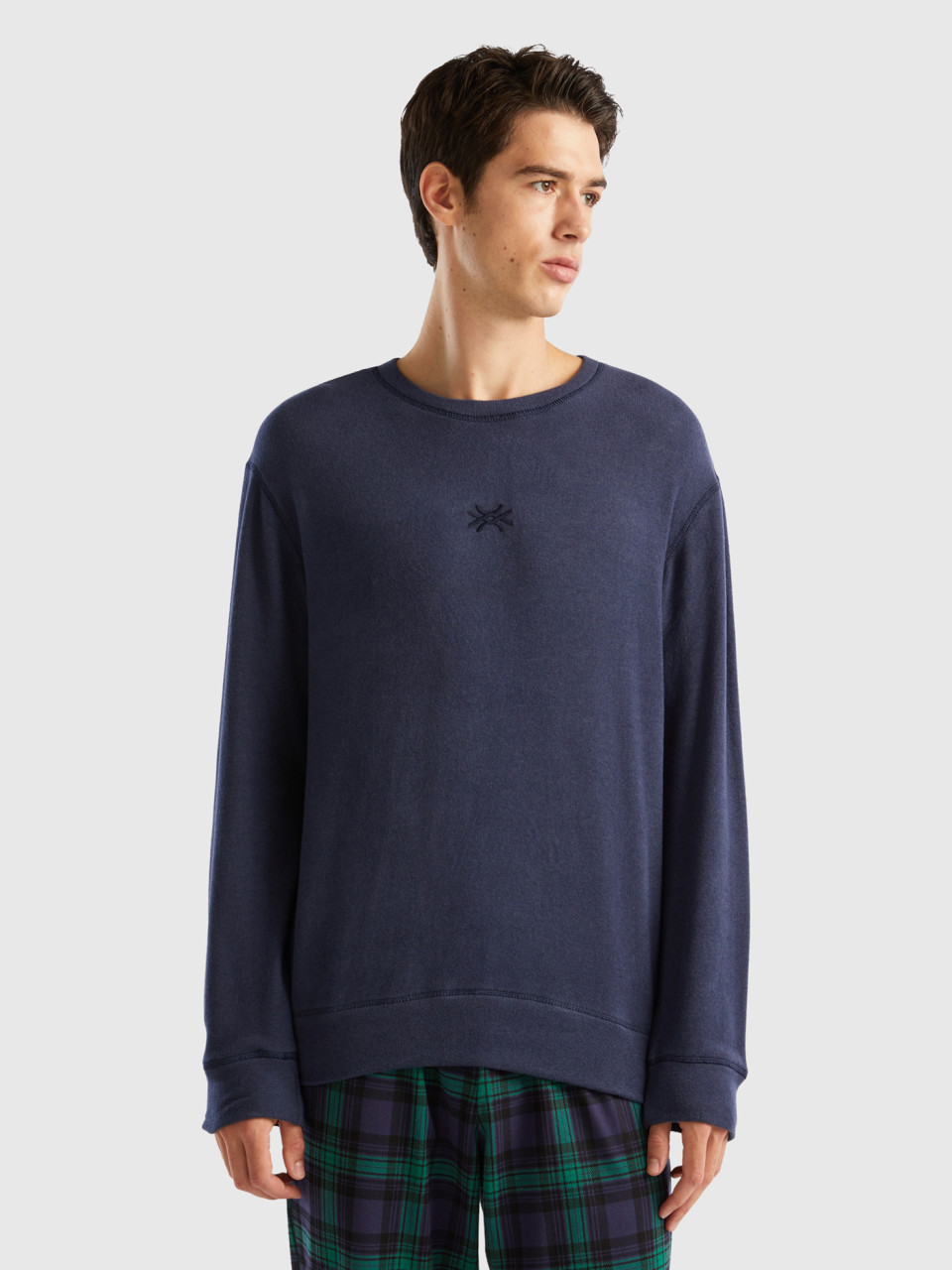 Benetton, Warm Stretch Cotton Blend Sweater, Dark Blue, Men