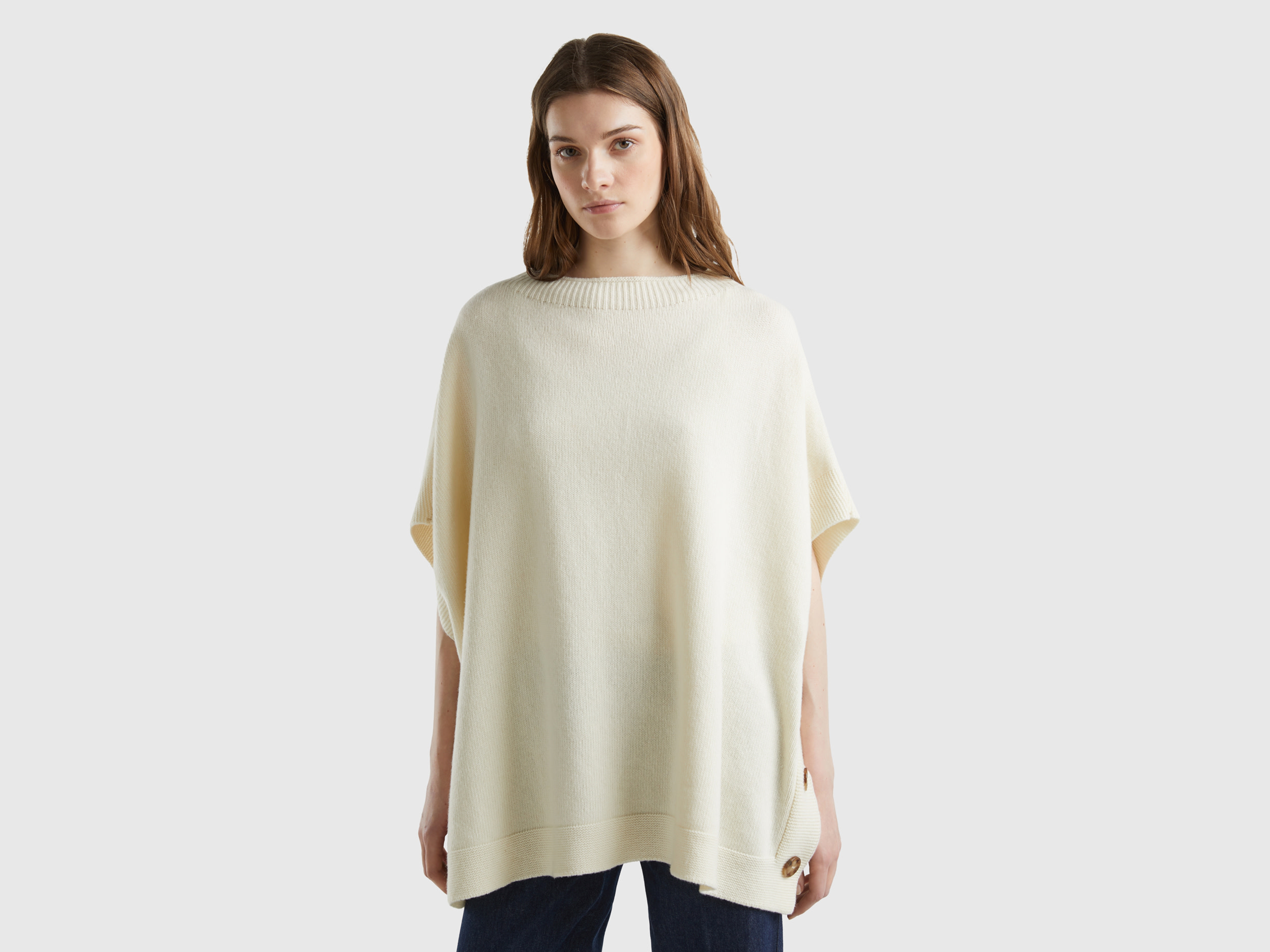Benetton, Mantella Con Scollo A Barchetta, Bianco Panna, Donna