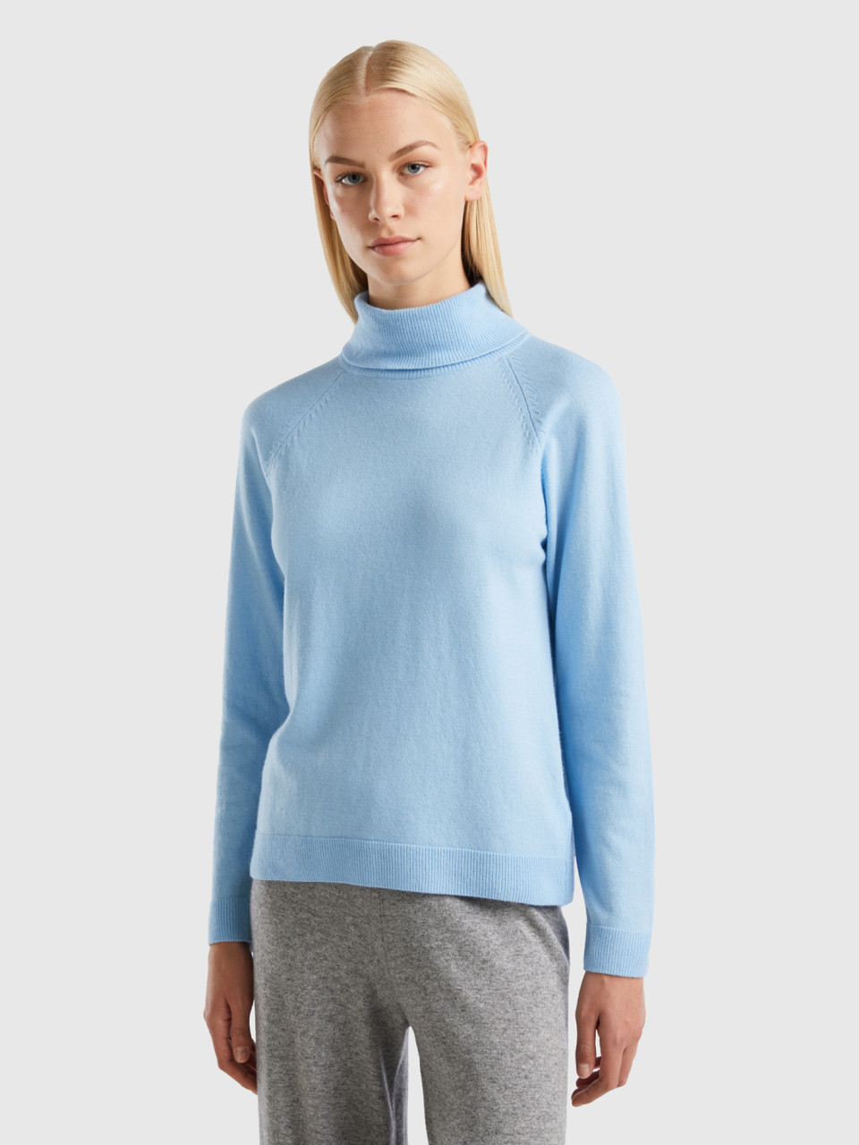 Benetton, Light Blue Turtleneck Sweater In Cashmere And Wool Blend, Light Blue, Women