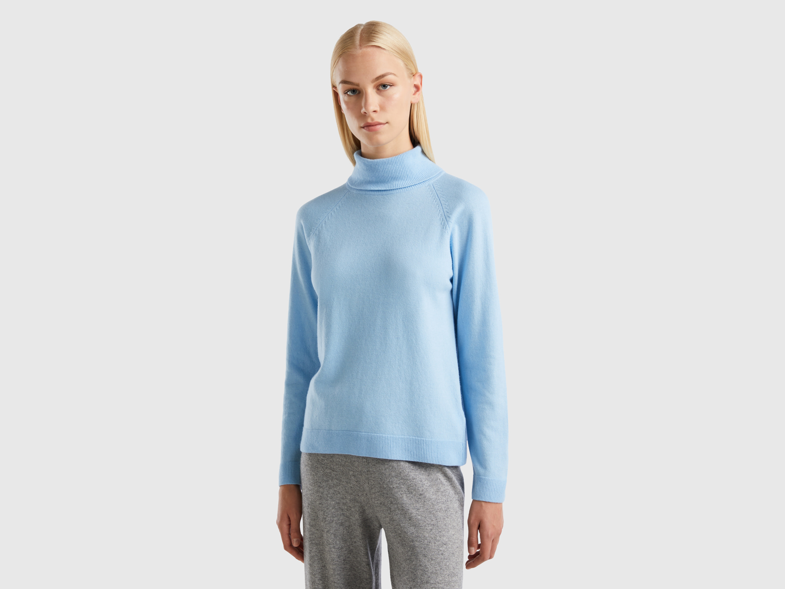 Benetton, Light Blue Turtleneck Sweater In Cashmere And Wool Blend, size XS, Light Blue, Women
