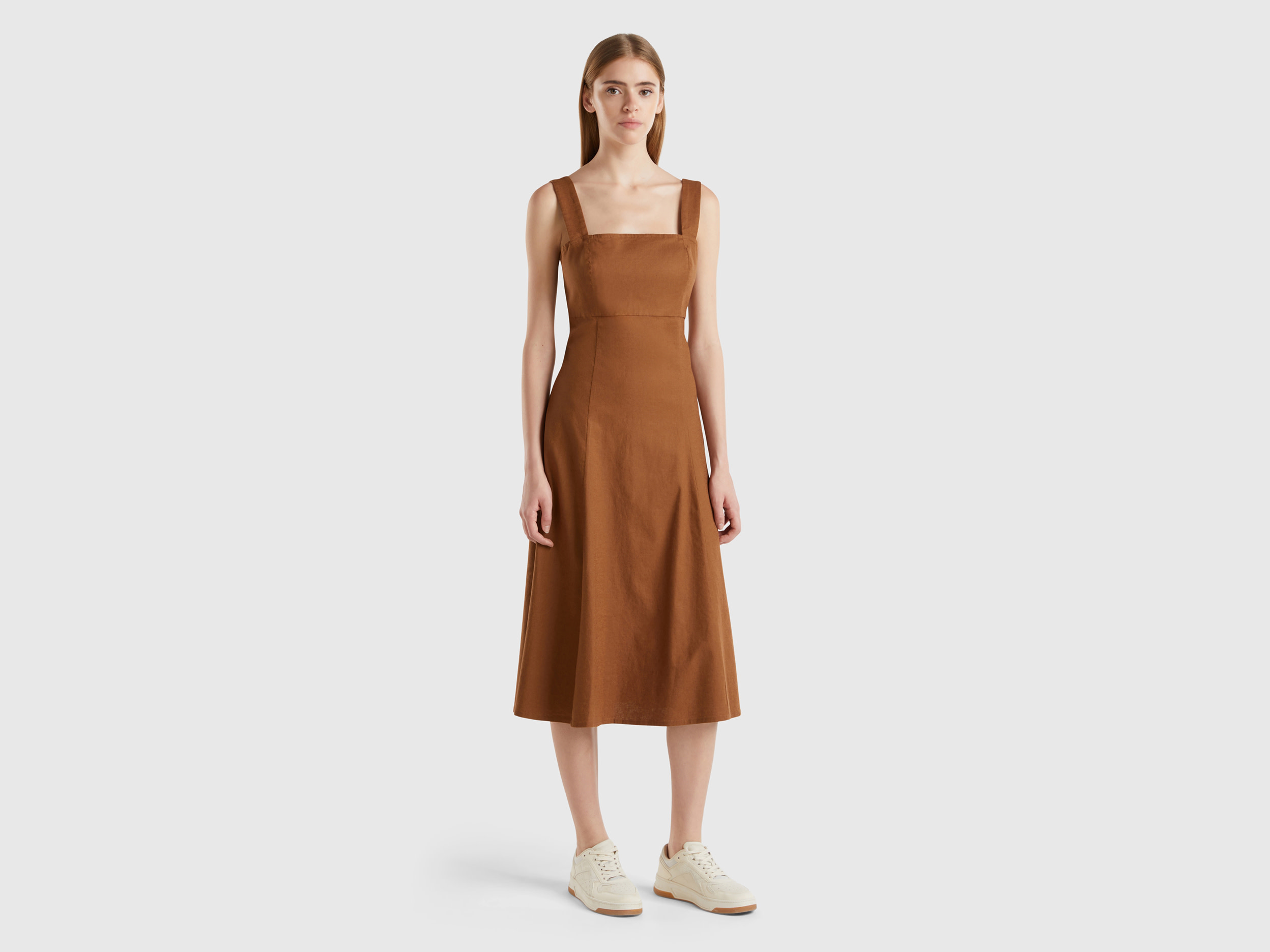 Benetton, Vestito Scollo Quadrato In Misto Lino, Marrone, Donna